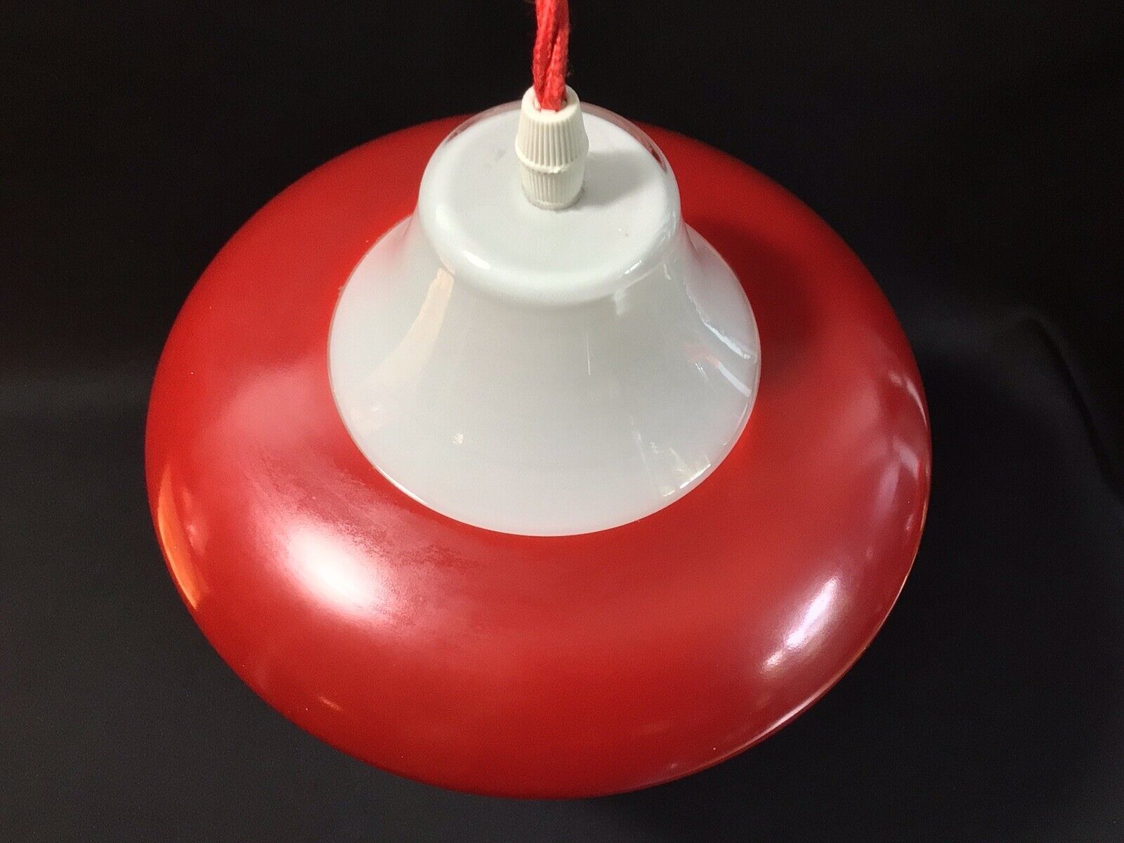 Pair Vintage 1950s Red & White Glass Lantern Pendant Lamps photo vintage