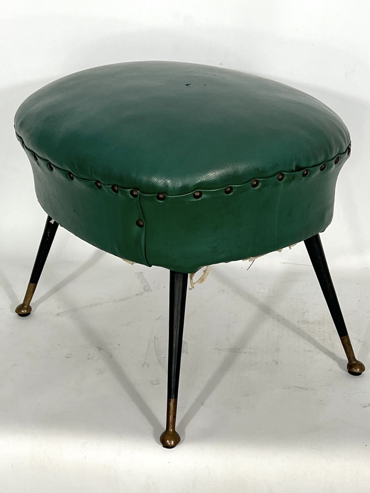 Vintage Italian Green Leatherette Pouf With Brass Feet From 50s photo 637.65