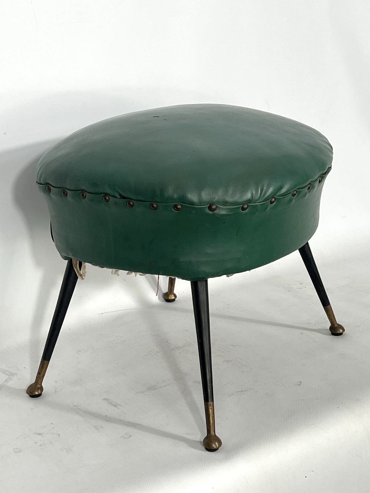 photo for sale Vintage Italian Green Leatherette Pouf With Brass Feet From 50s