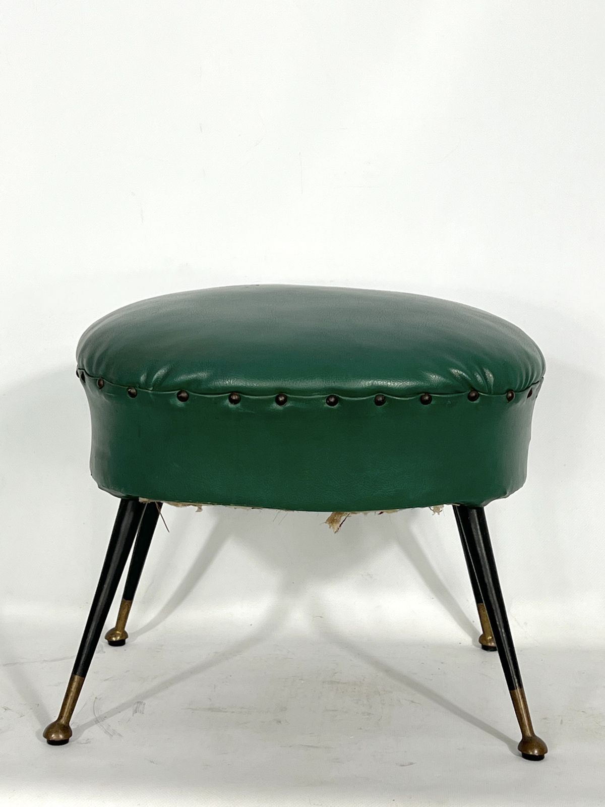 Vintage Italian Green Leatherette Pouf With Brass Feet From 50s