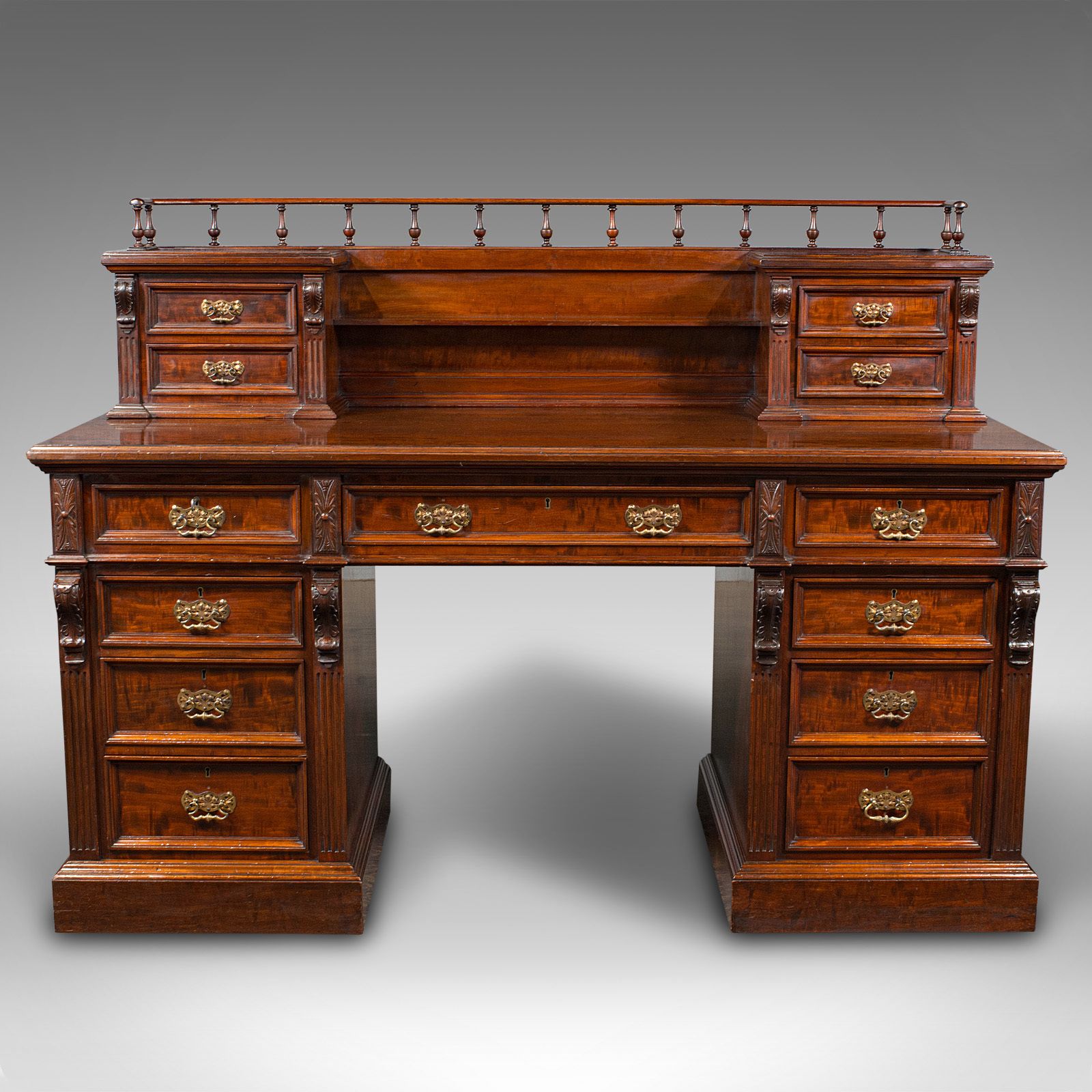 Grand Antique Executive Desk, English, Satinwood, 13 Drawer, Office photo for sale