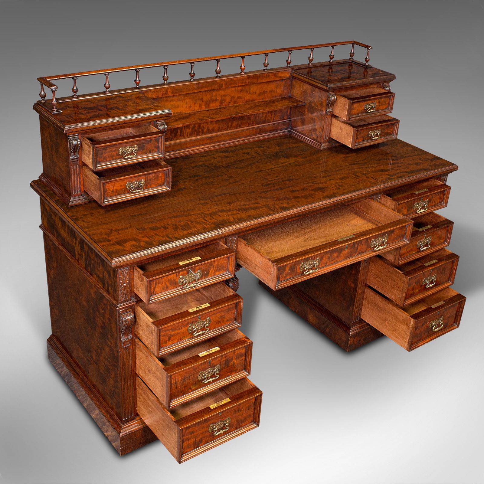 Grand Antique Executive Desk, English, Satinwood, 13 Drawer, Office photo 7950.0