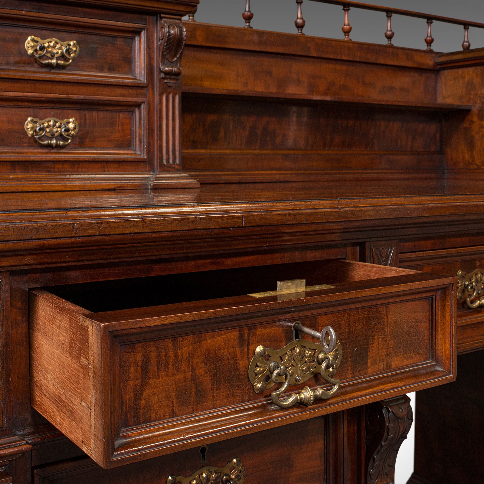photo furniture Grand Antique Executive Desk, English, Satinwood, 13 Drawer, Office