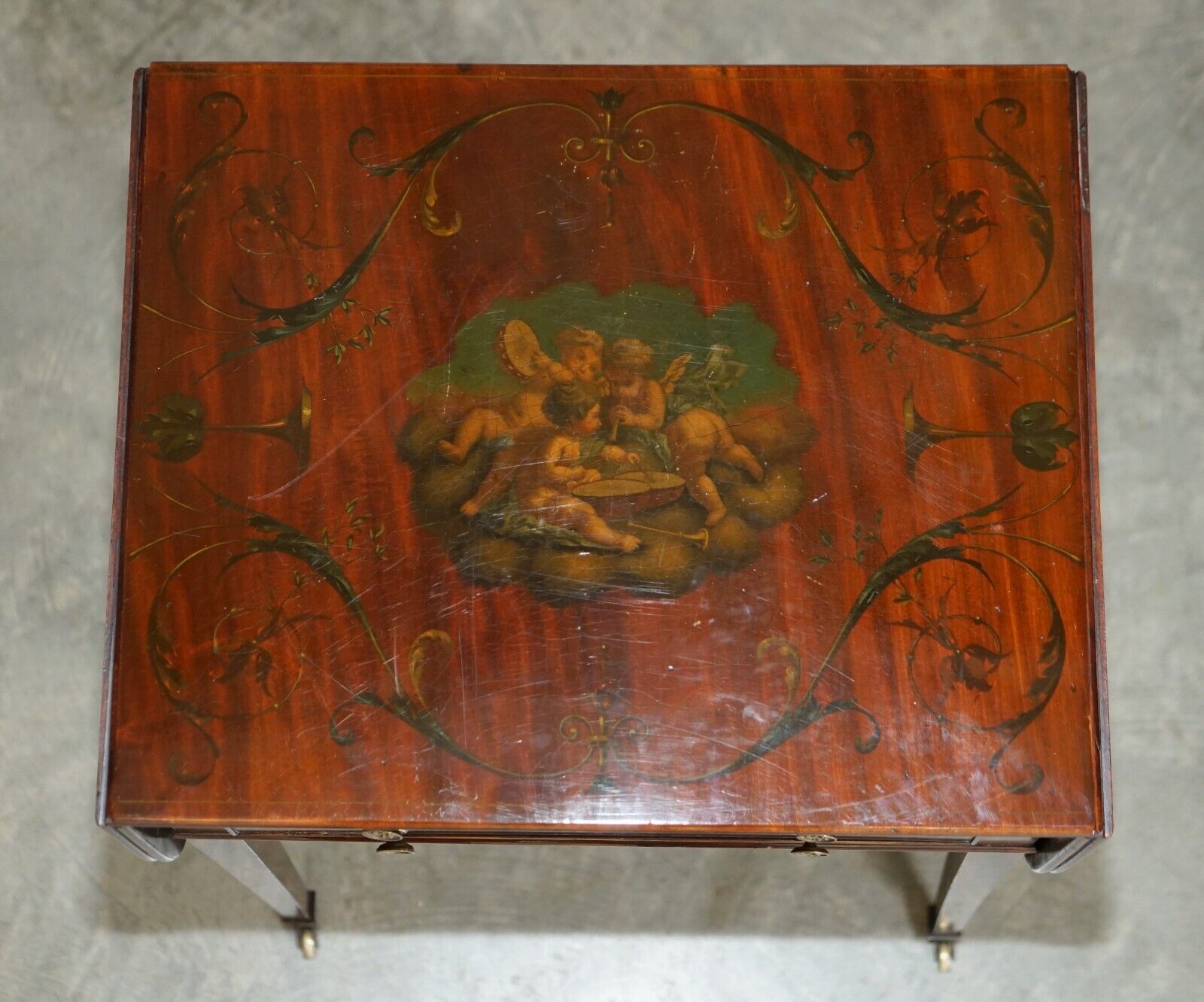 Antique Regency Circa 1815 Sheraton Hand Painted Cherub Extending Side End Table photo vinterior