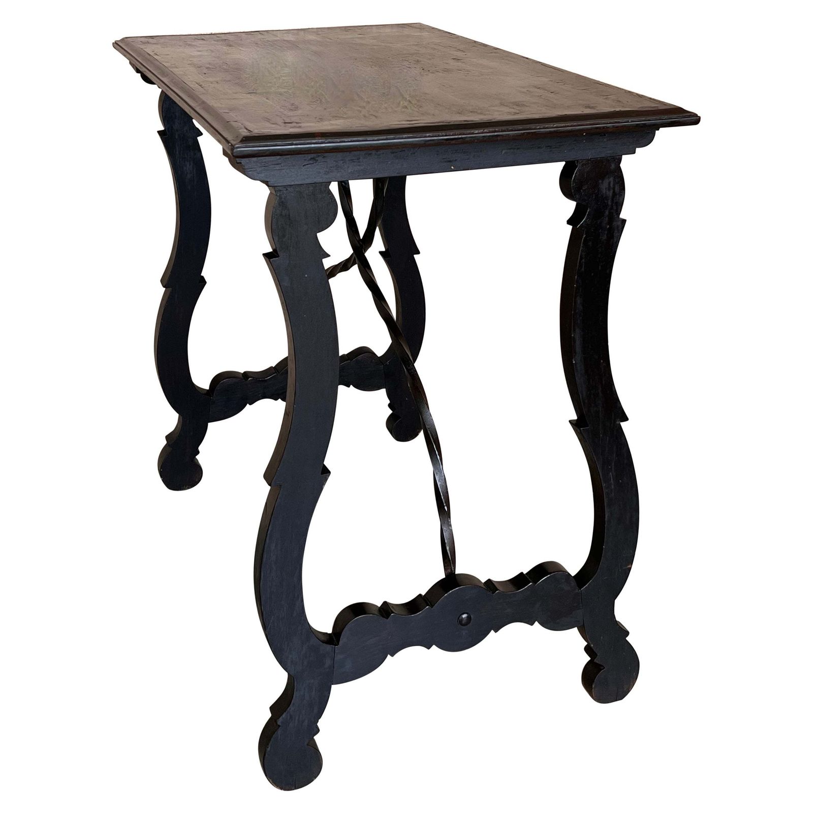Side Table Of Walnut With Carved Lyre Legs And Top, Spanish, 19th Century