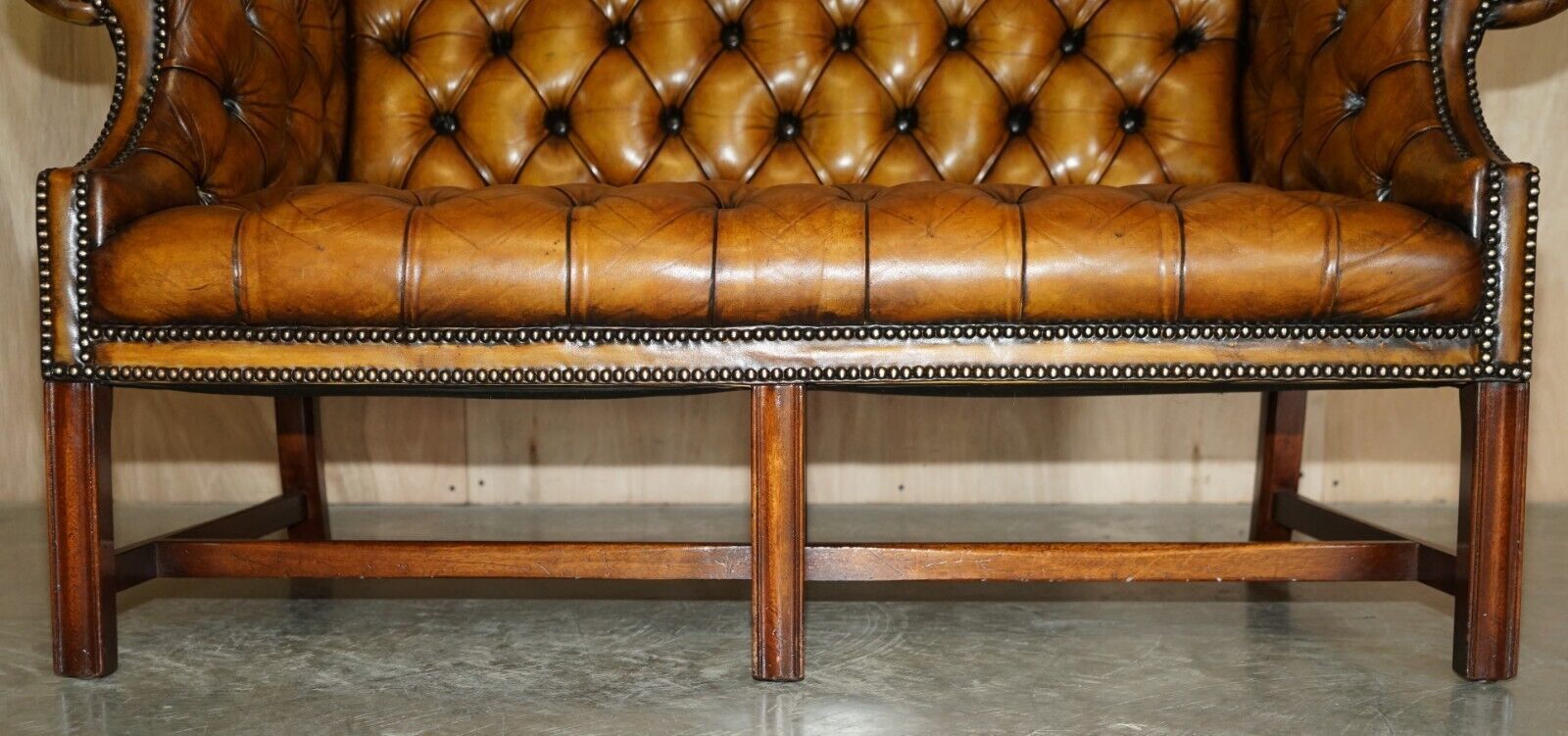 Furniture Antique Restored Brown Leather Chesterfield Library Armchairs Sofa Stool Suite photo