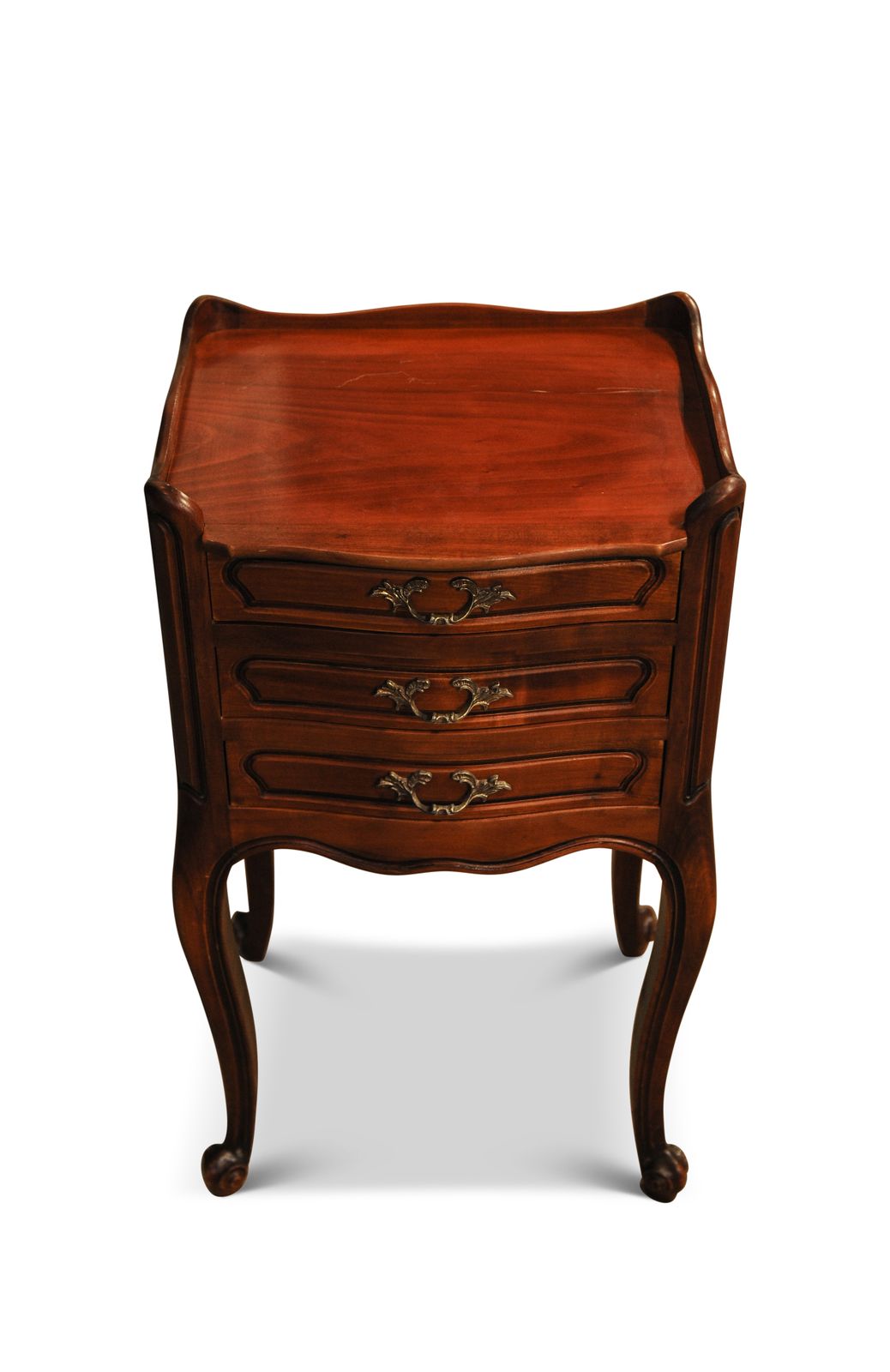Early 20th French Cherrywood Bedside Cabinet With Brass Handles Upon Cabriole Legs Ol photo for sale