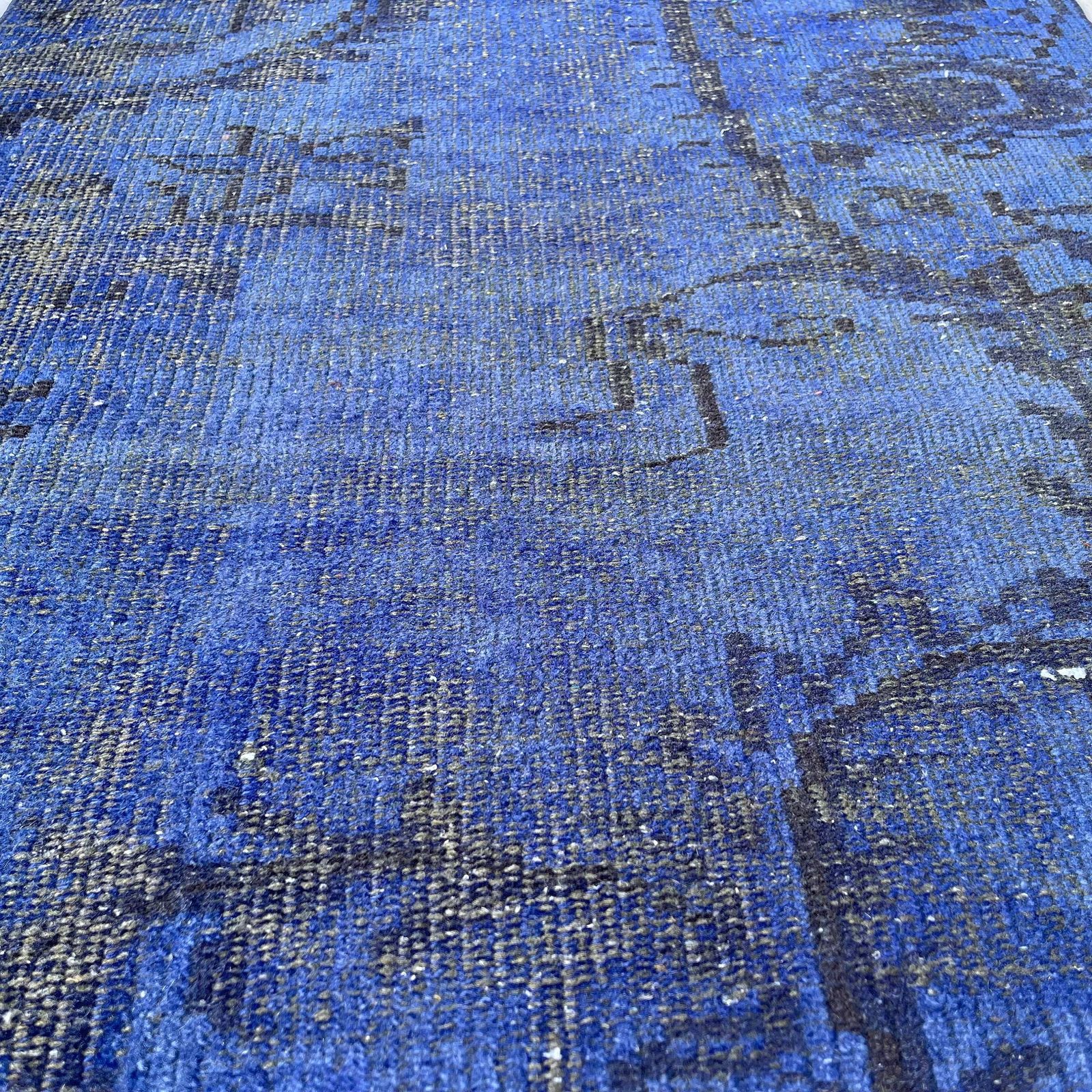 Distressed Turkish Narrow Runner 253 X 73 Cm Wool Vintage Rug Runner, Overdyed Blue Rug Runner photo for sale