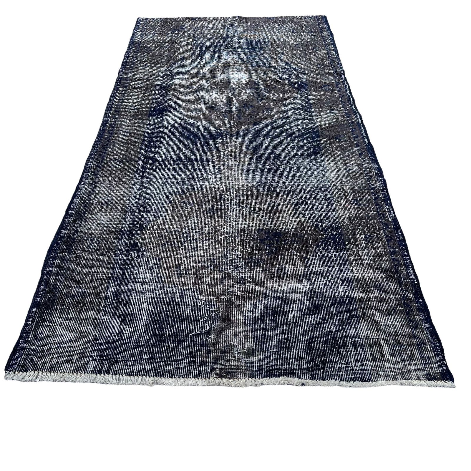 Distressed Turkish Narrow Runner 205 X 96 Cm Wool Vintage Rug, Over Dyed Blue Black photo for sale