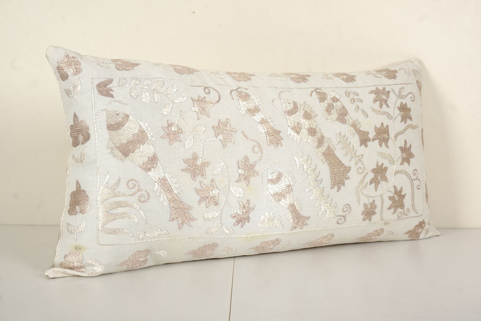 Suzani Animal Pillow Cover, Ethnic Uzbek Fish And Floral Motifs Bedding Cushion Cover, Handmade Embroidered Textile From Bukhara  16" X 32" photo for sale