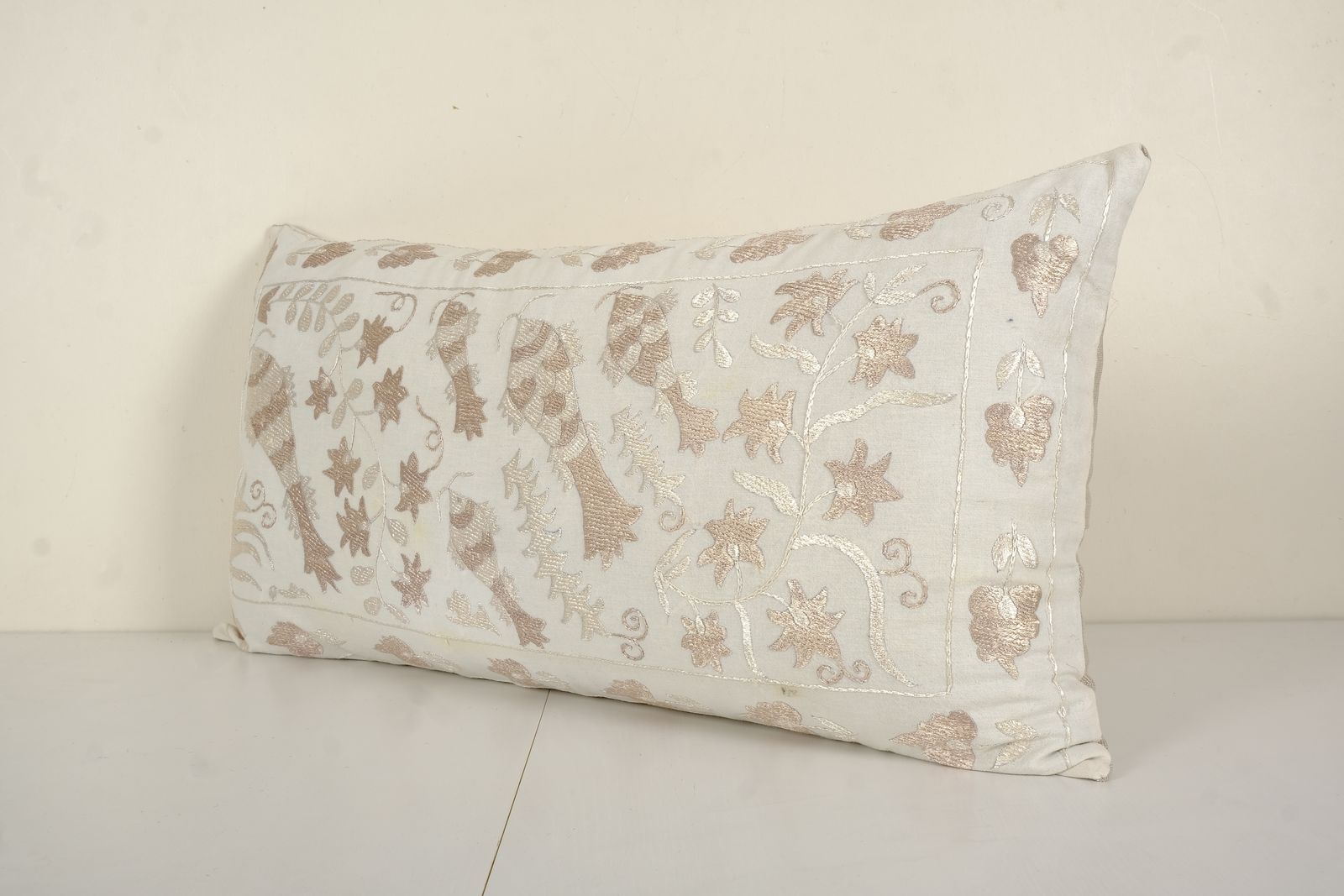 Suzani Animal Pillow Cover, Ethnic Uzbek Fish And Floral Motifs Bedding Cushion Cover, Handmade Embroidered Textile From Bukhara  16" X 32" photo vinterior