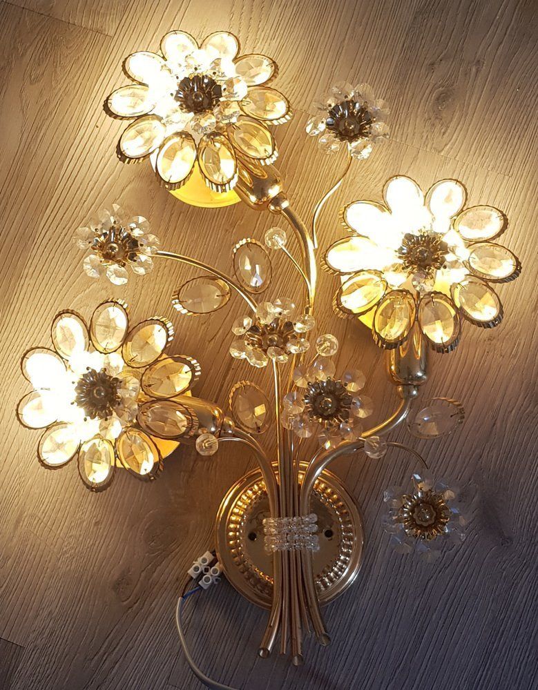 Gilded Crystal Flower Wall Lamp From Palwa, 1970s, Set Of 2 photo for sale