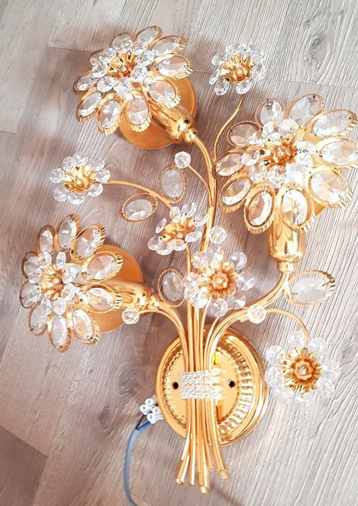 Gilded Crystal Flower Wall Lamp From Palwa, 1970s, Set Of 2 photo vinterior