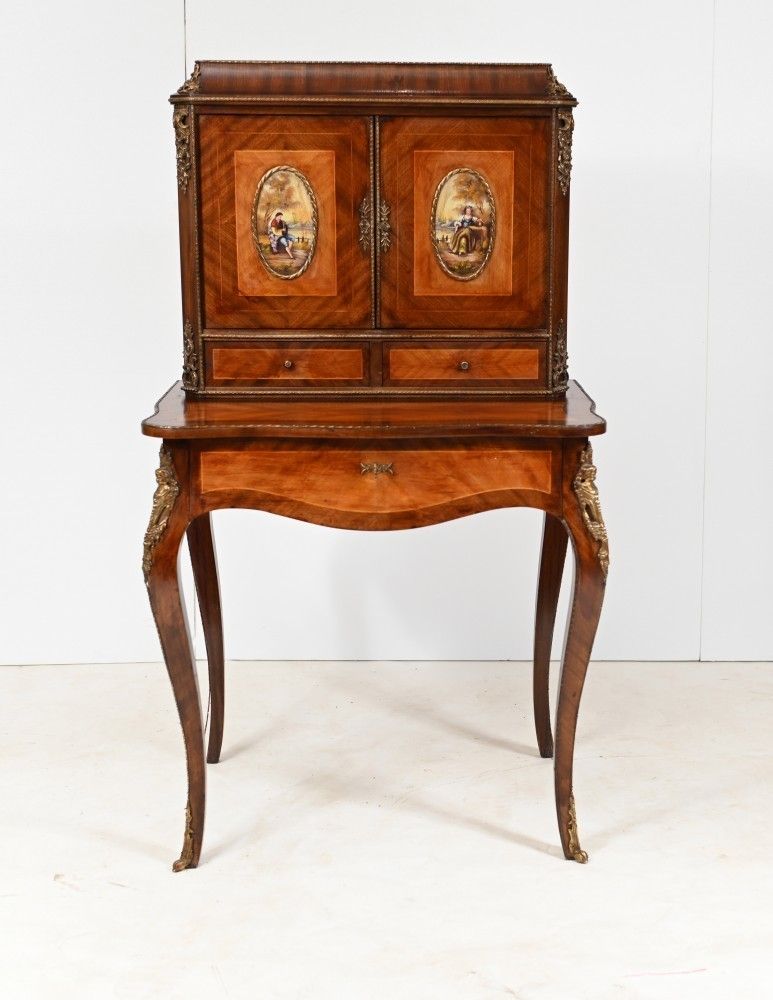 French Bonheur De Jour Desk Painted Placques Kingwood 1930s
