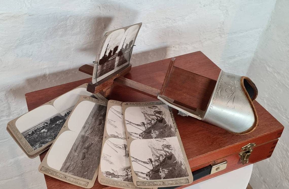 Antique Stereoscope / Handheld Stereoviewer With Over 160 Military / Conflict Themed Stereocards photo for sale