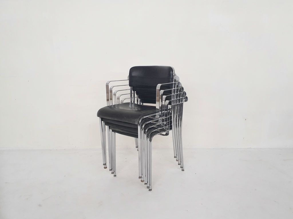 Set Van Vijf Chromen Eetkamerstoelen Met Leren Bekleding Van Aryform, Zweden, Jaren 1970