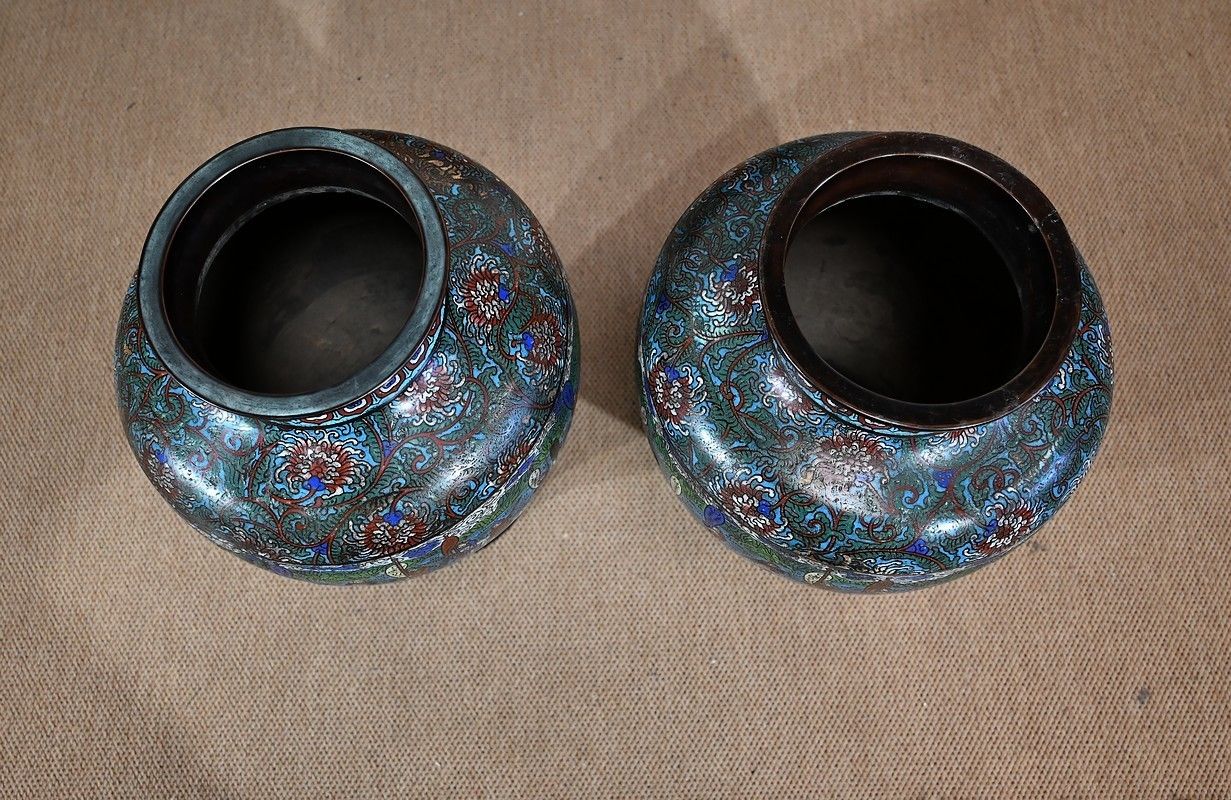 photo vinterior Pair Of Important Enamel Vases, Japan, 19th Century