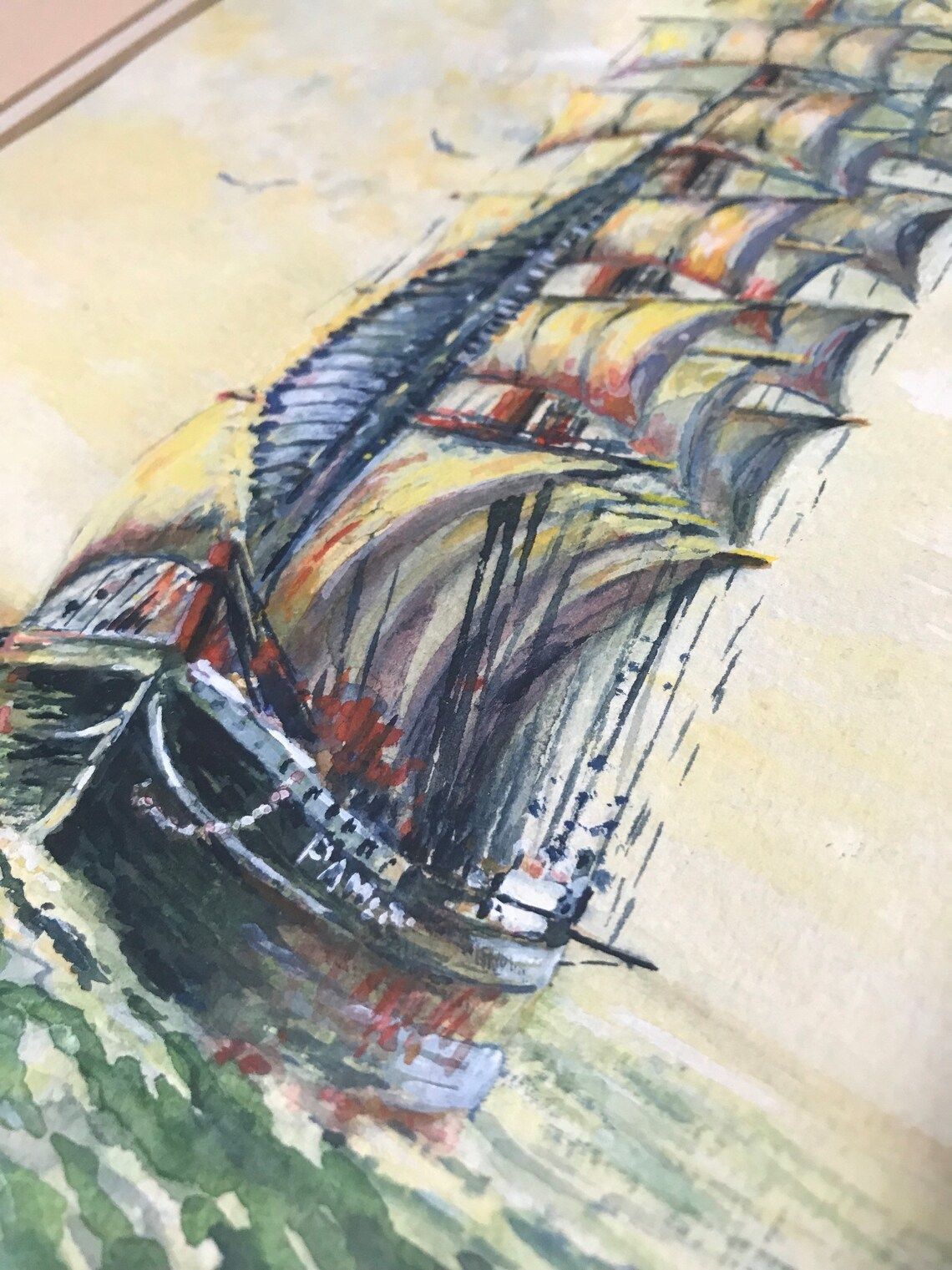 Jan Wasilewski Watercolour Painting Fine Art Sailing Clipper Ship Polish Artist Ornate Huge Large Gold Gilt Frame (C) photo vintage