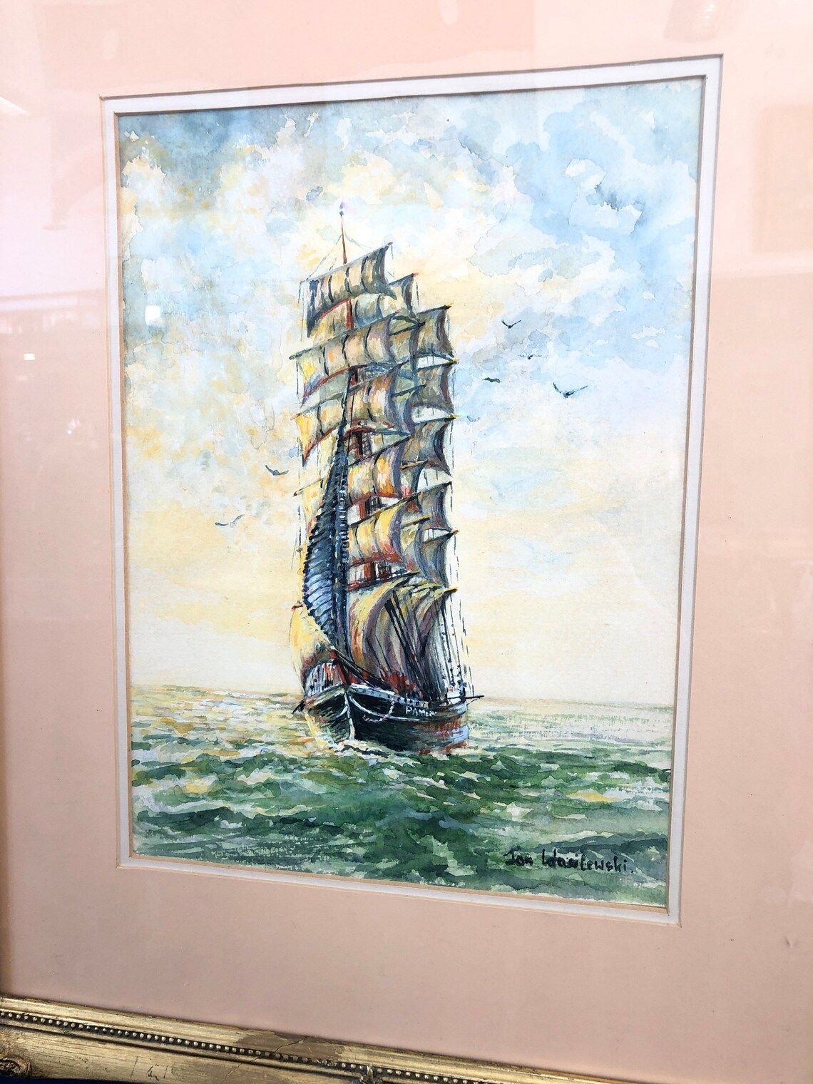 photo furniture Jan Wasilewski Watercolour Painting Fine Art Sailing Clipper Ship Polish Artist Ornate Huge Large Gold Gilt Frame (C)
