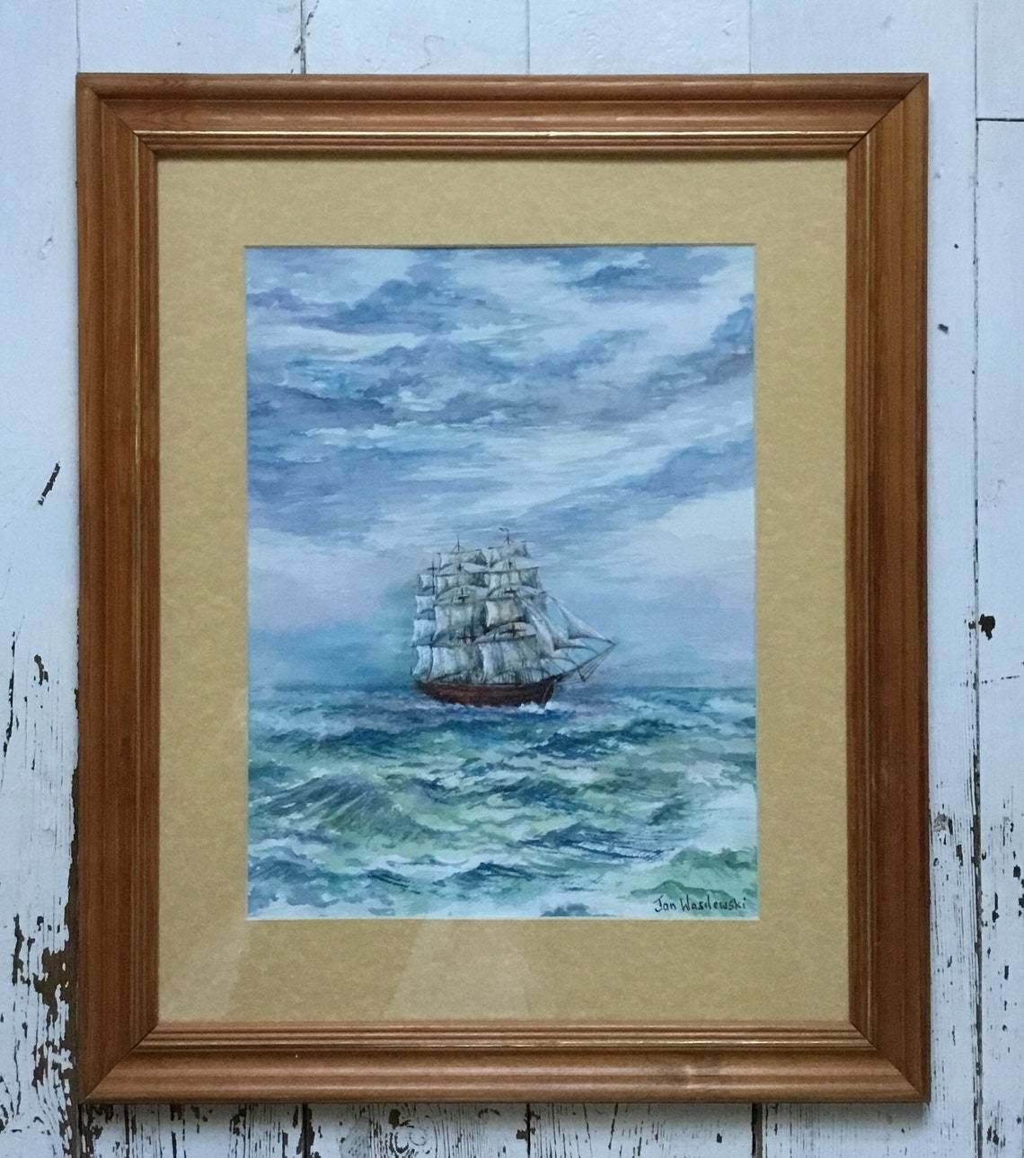 Jan Wasilewski   Polish Artist Watercolour Painting Absolutely Fine Example   Sailing Clipper Ship Cutter Boat Large Pine Gold Frame (Hh) photo for sale