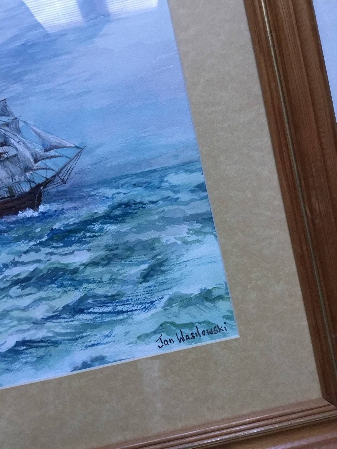 Jan Wasilewski   Polish Artist Watercolour Painting Absolutely Fine Example   Sailing Clipper Ship Cutter Boat Large Pine Gold Frame (Hh) photo 400.0
