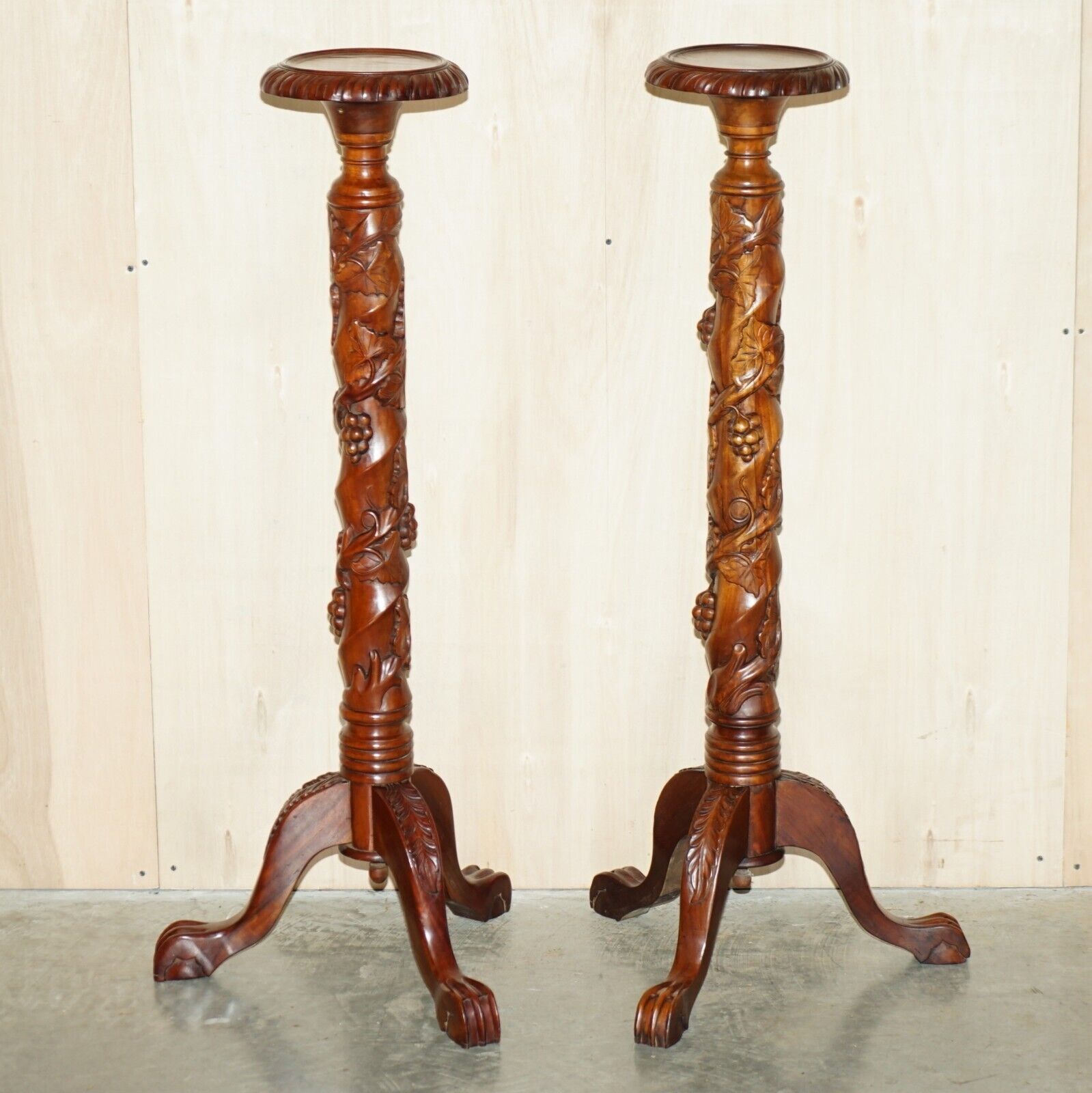Pair Of Fruitwood Vine Hand Carved Jardiniere Display Stands Claw & Ball Feet
