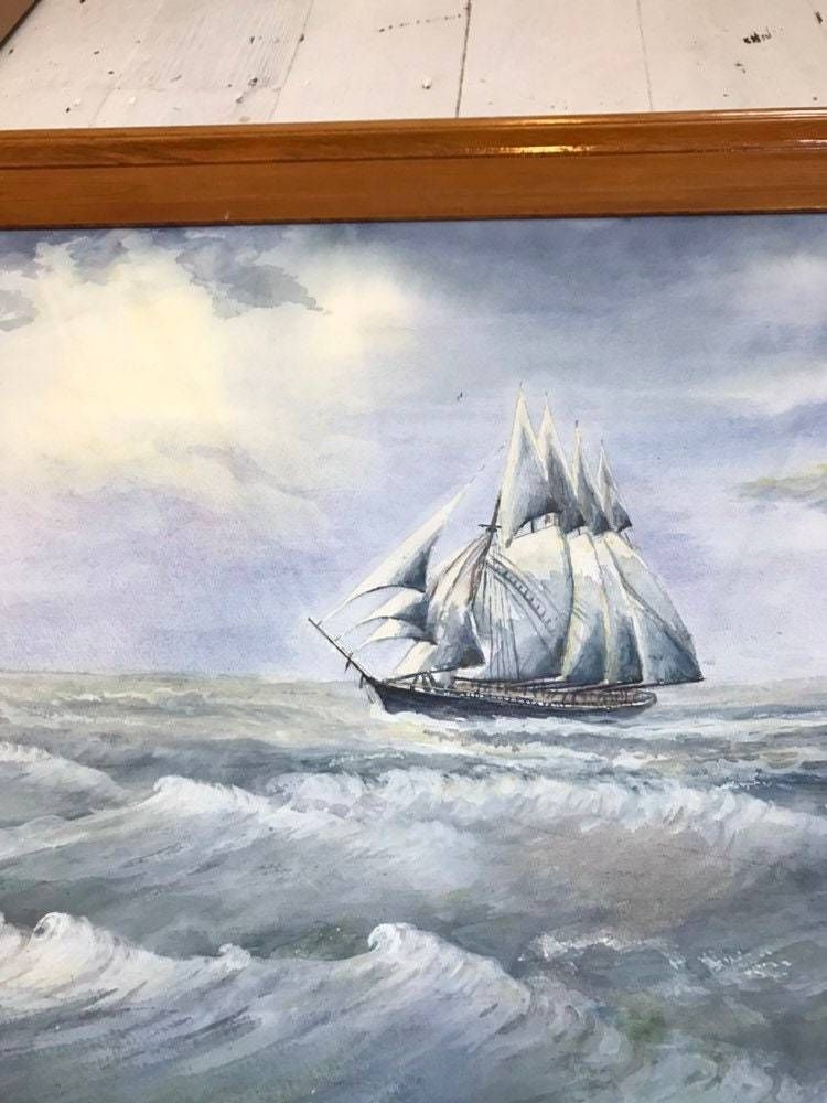 Jan Wasilewski   Polish Artist Watercolour Painting Absolutely Fine Example   Sailing Clipper Ship Stormy Seas   Huge Large Pine Frame photo vintage