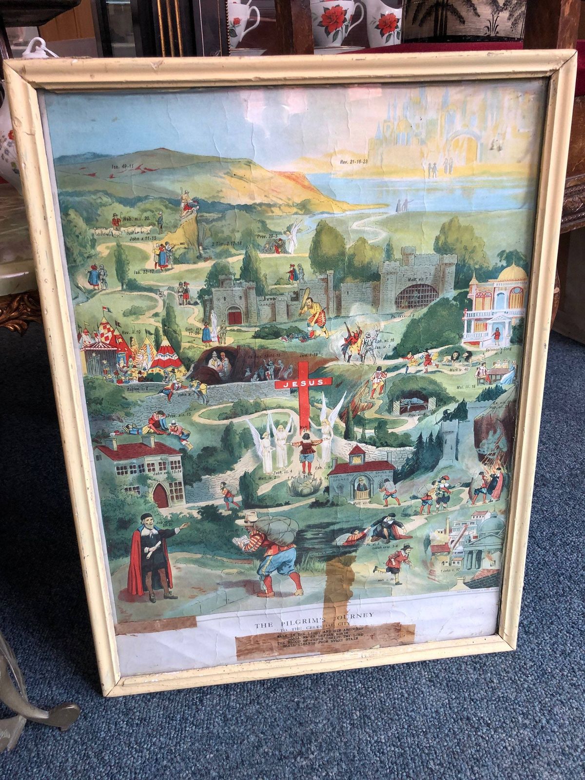 Antique Lithograph Print The Pilgrims Journey To The Celestial City Church Chapel Baptist Guide Colour Vintage Coloured Teaching Aid photo buy