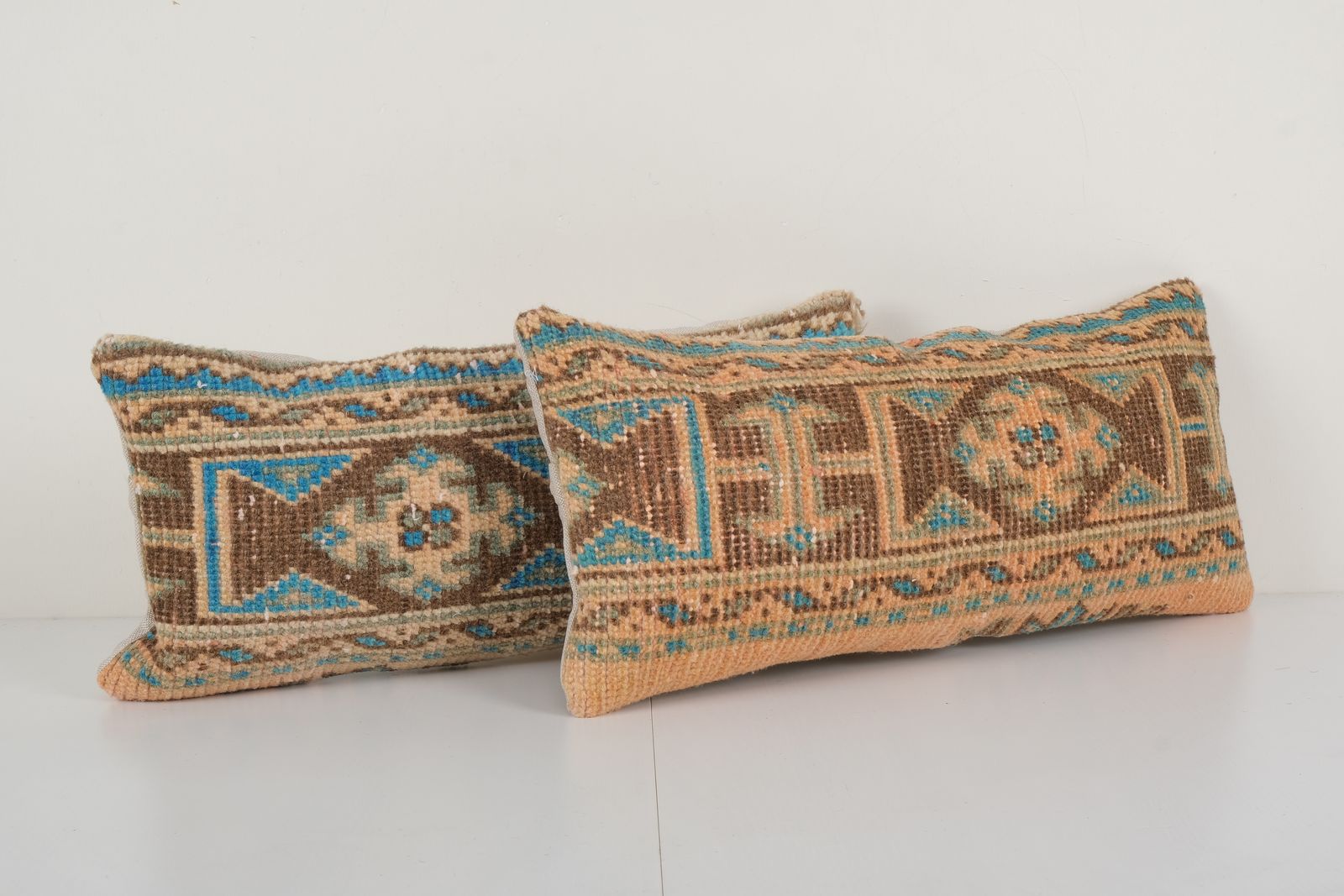 Set Anatolian Lumbar Rug Pillow, Ethnic Pillow Cover, Ethnic Vintage Handmade Lumbar Cover, Carpet Soft Wool Pillow 10'' X 22'' photo for sale