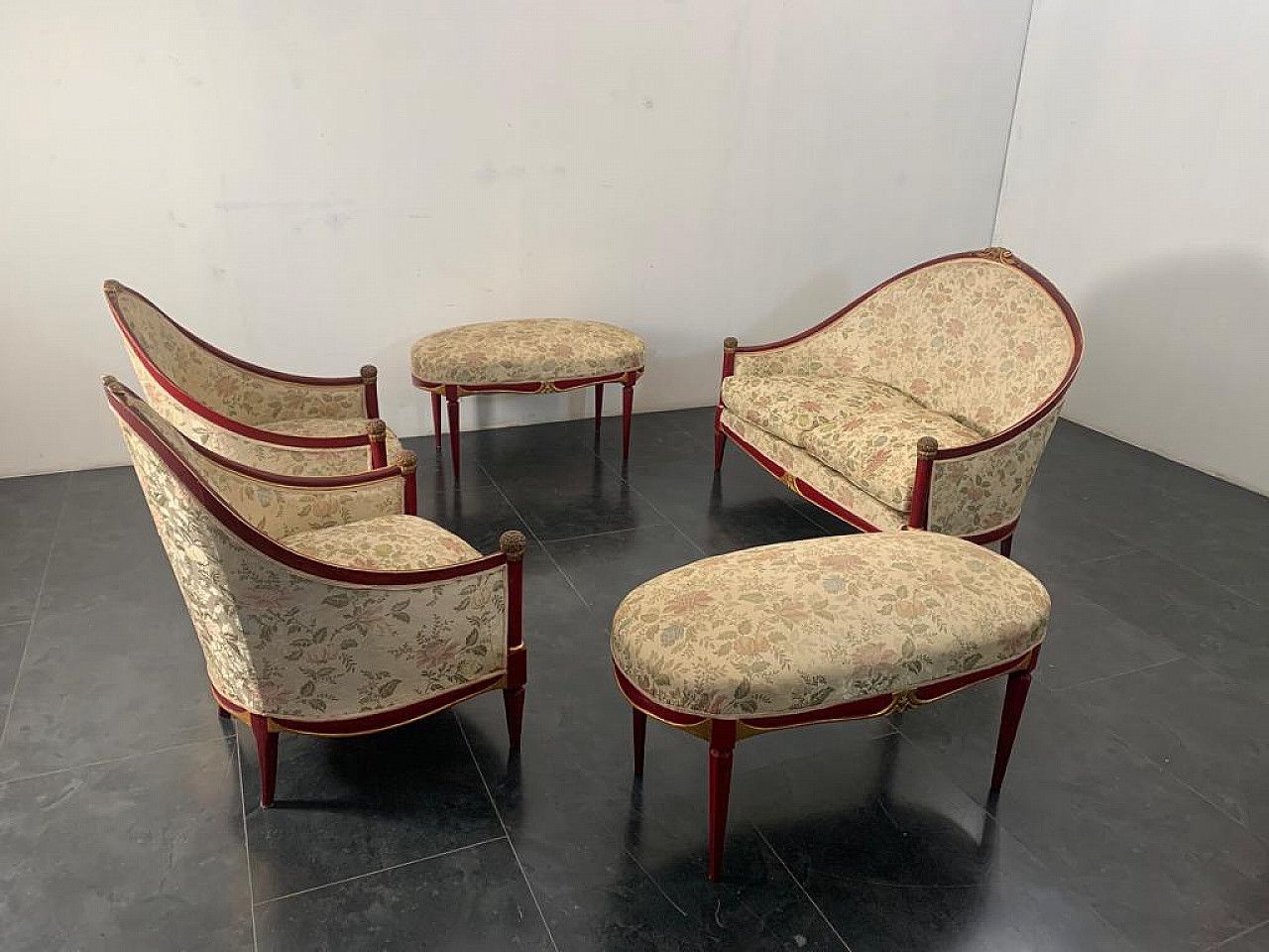 Living Room Of A Sofa, 2 Armchairs And 2 Poufs In Wood Jacuard Fabric, 1930s photo Furniture