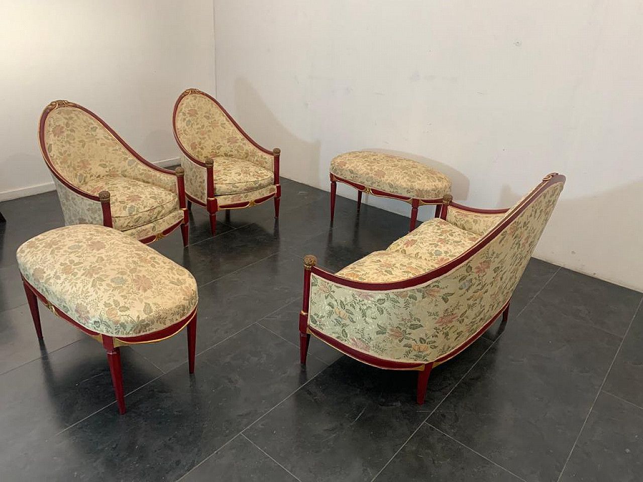 Living Room Of A Sofa, 2 Armchairs And 2 Poufs In Wood Jacuard Fabric, 1930s photo buy