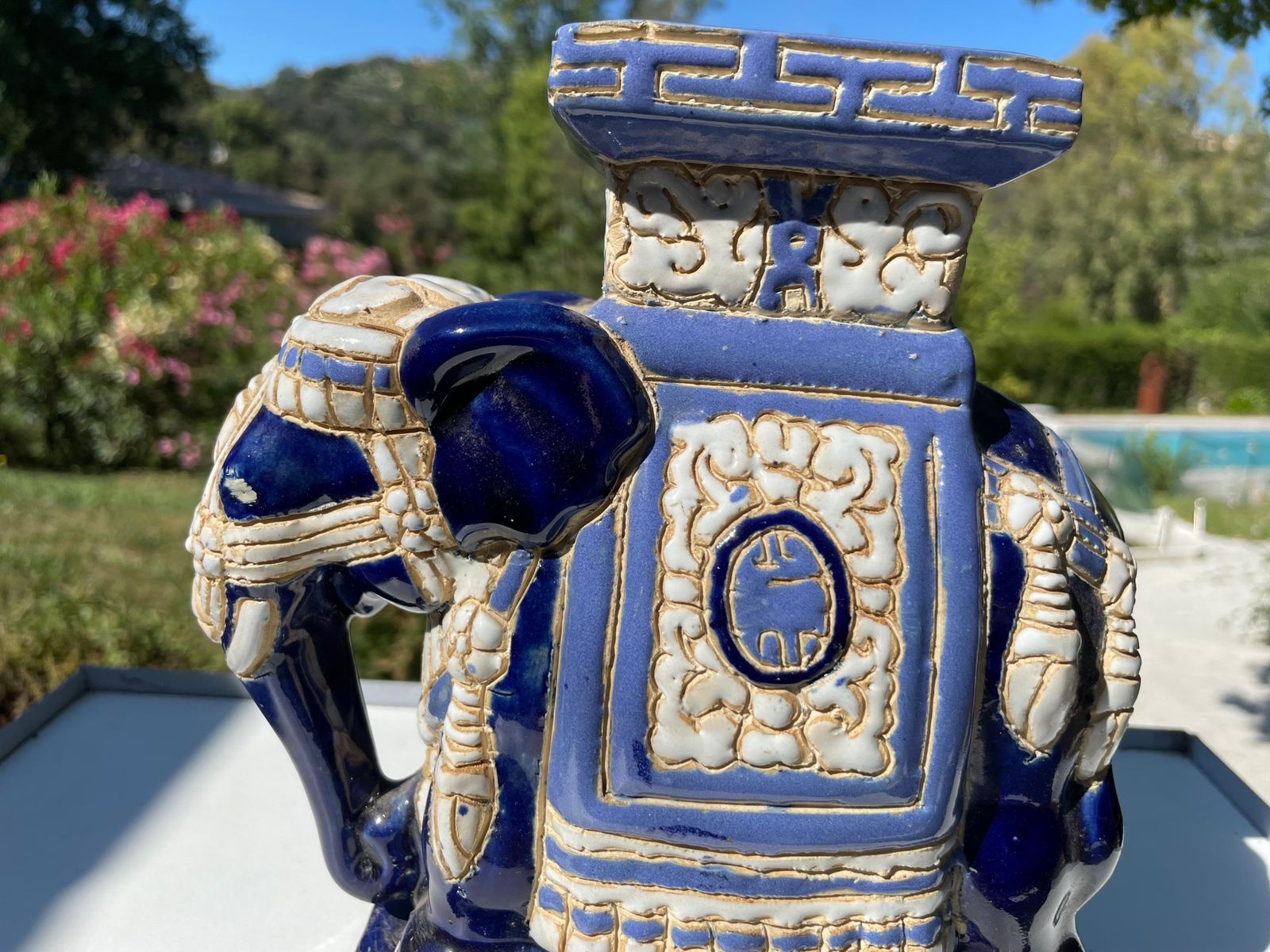 Hollywood Regency Chinese Blue Elephant Garden Plant Stand photo for sale