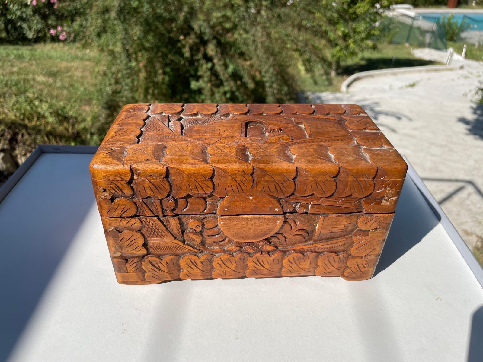Carved Wood Chinese Box, With Landscape And Characters Decor Pattern, China 20th photo for sale
