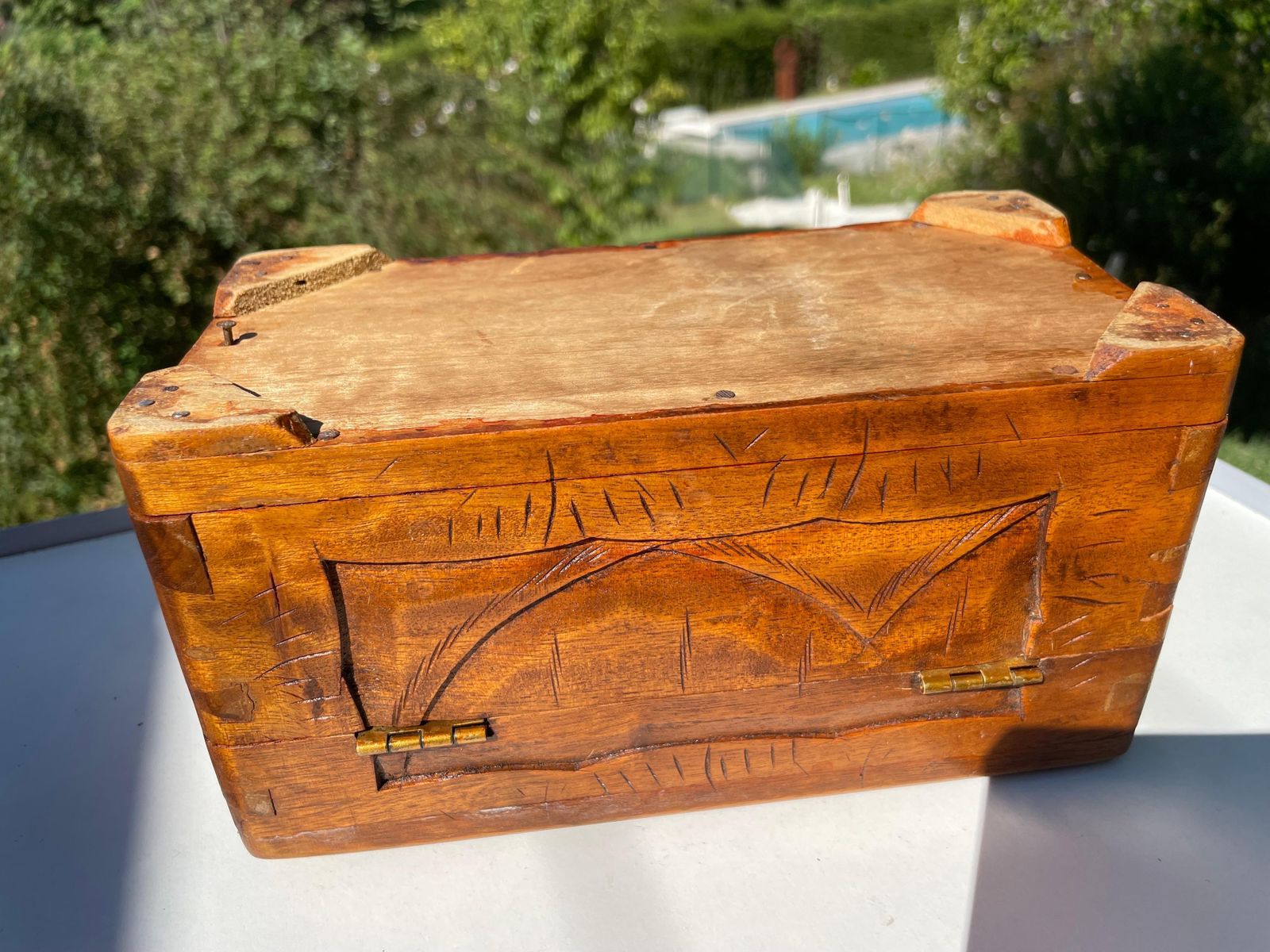 photo furniture Carved Wood Chinese Box, With Landscape And Characters Decor Pattern, China 20th