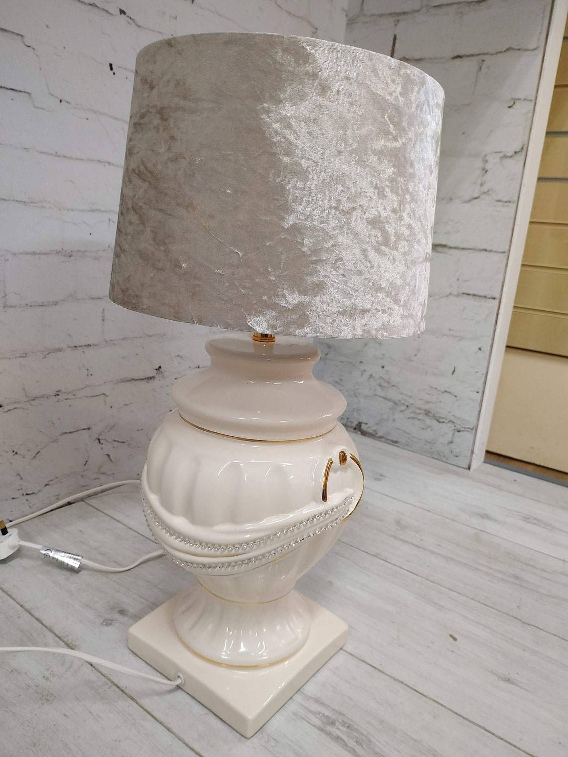 Vintage Table Lamp Light Cream Diamante Gold Art Deco Ceramic Base Shade Bling photo 60.0