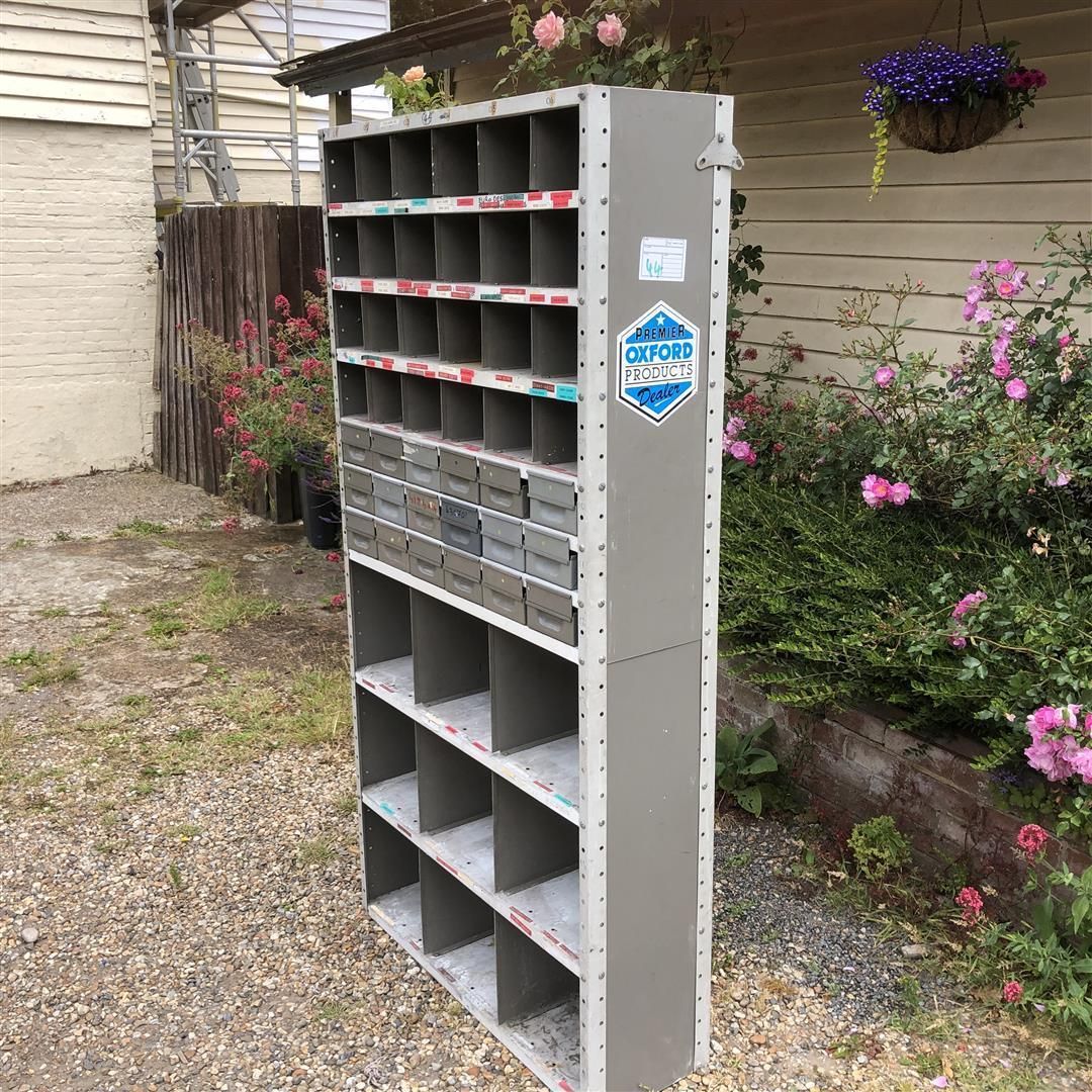 photo furniture Industrial Metal Pigeon Holes With Multi Drawer Section 1970's