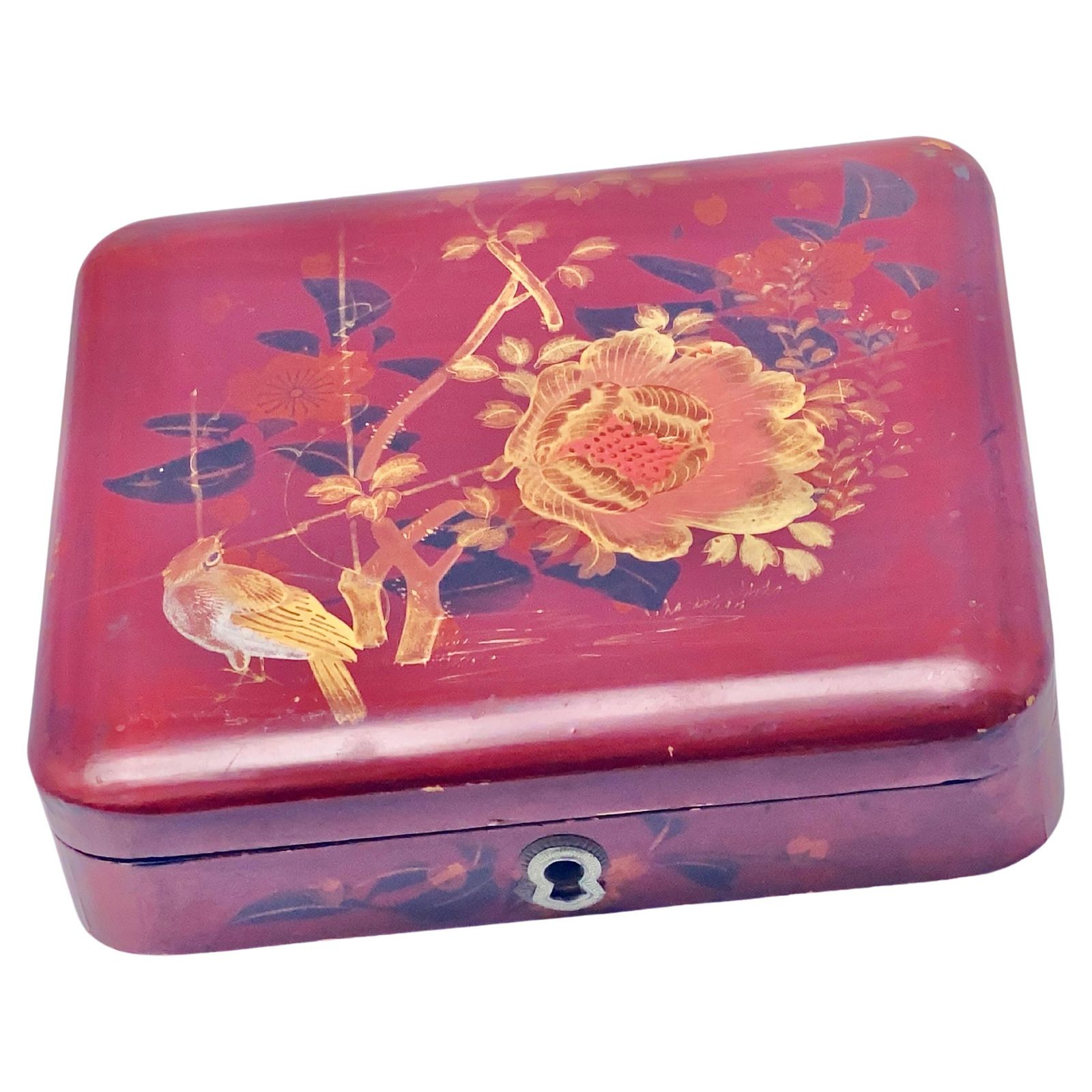 Wood Lidded Box, Hand Painted And Lacquered, Japanese,Early 20century