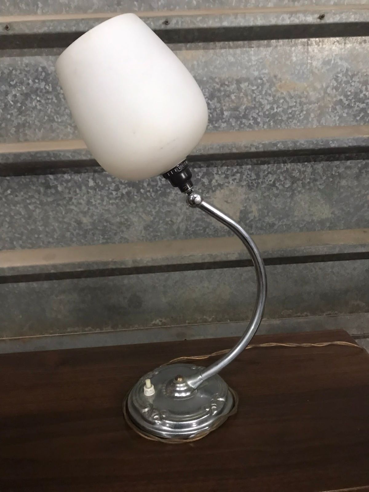 Art Deco Chrome Adjustable Table / Bedside Lamp With A Opaline Pear Shade . photo for sale