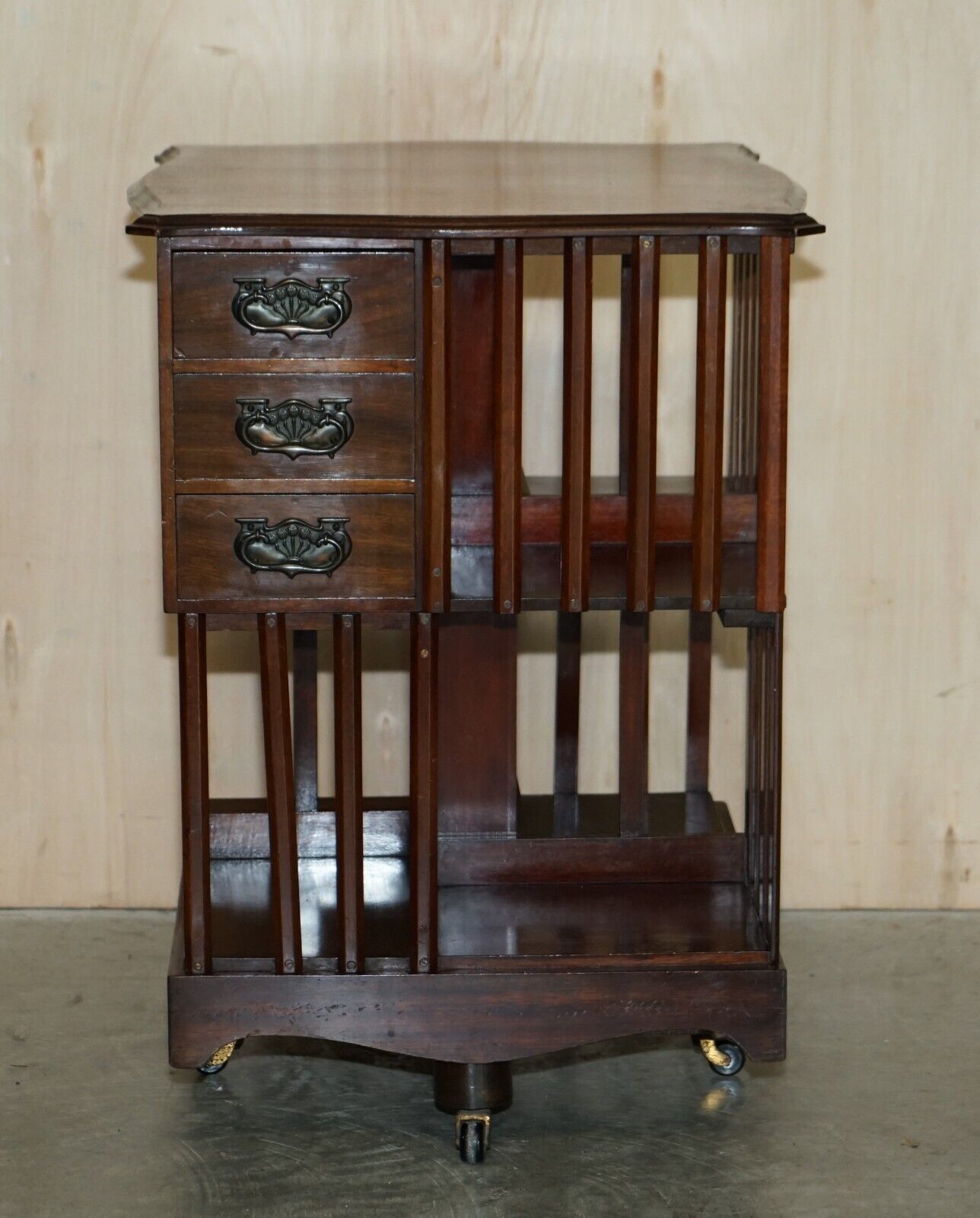 Liberty's London Art Nouveau Handles Antique Revolving Book Case Table Drawers photo for sale