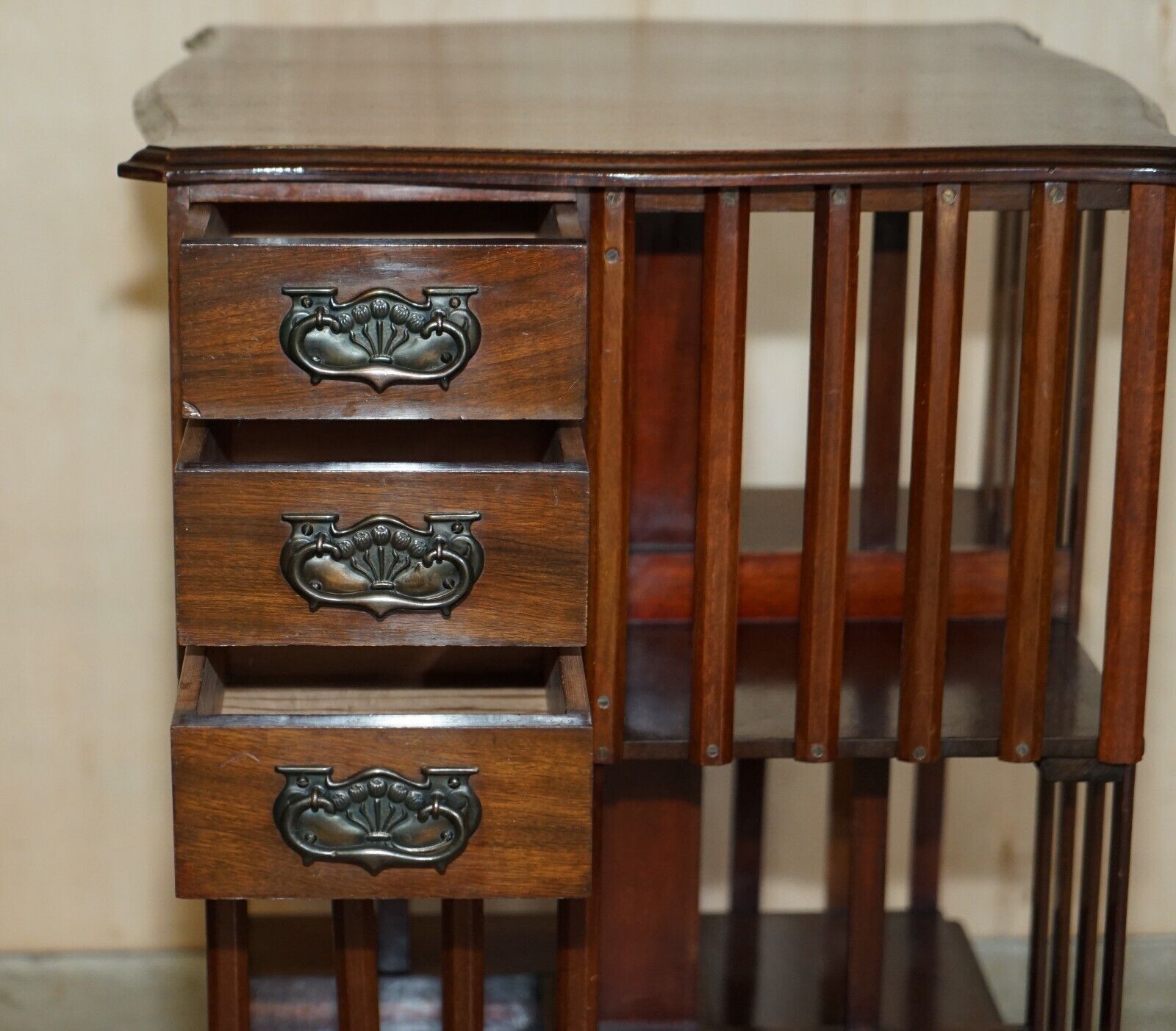 Liberty's London Art Nouveau Handles Antique Revolving Book Case Table Drawers photo vintage