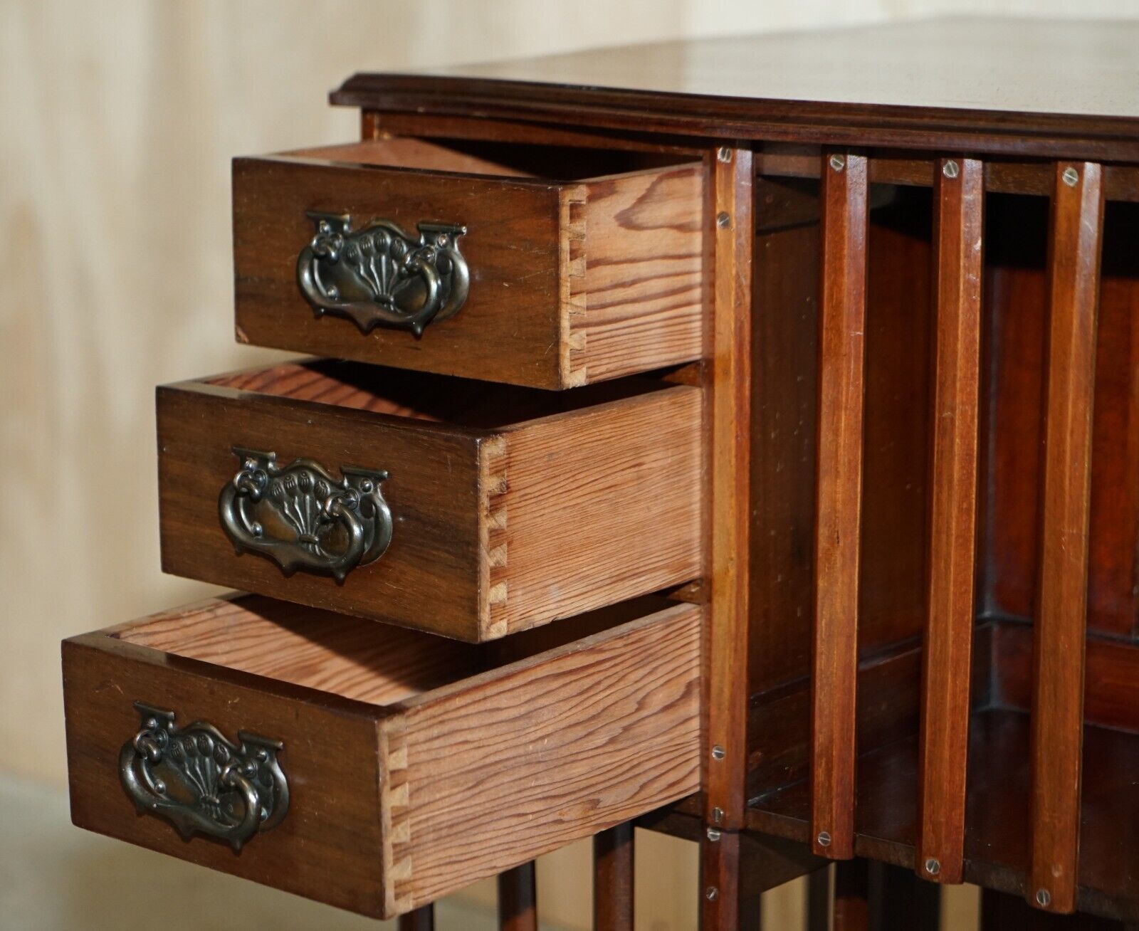 photo for sale Liberty's London Art Nouveau Handles Antique Revolving Book Case Table Drawers