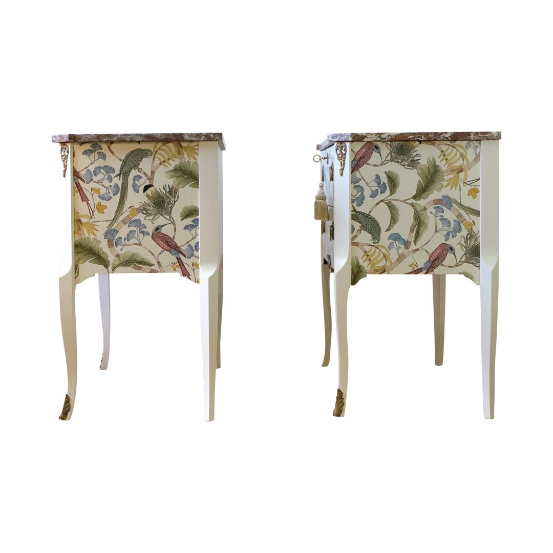 Pair Of Gustavian Style Commode In Antique White With Exotic Birds Design And Natural Marble Top photo furniture