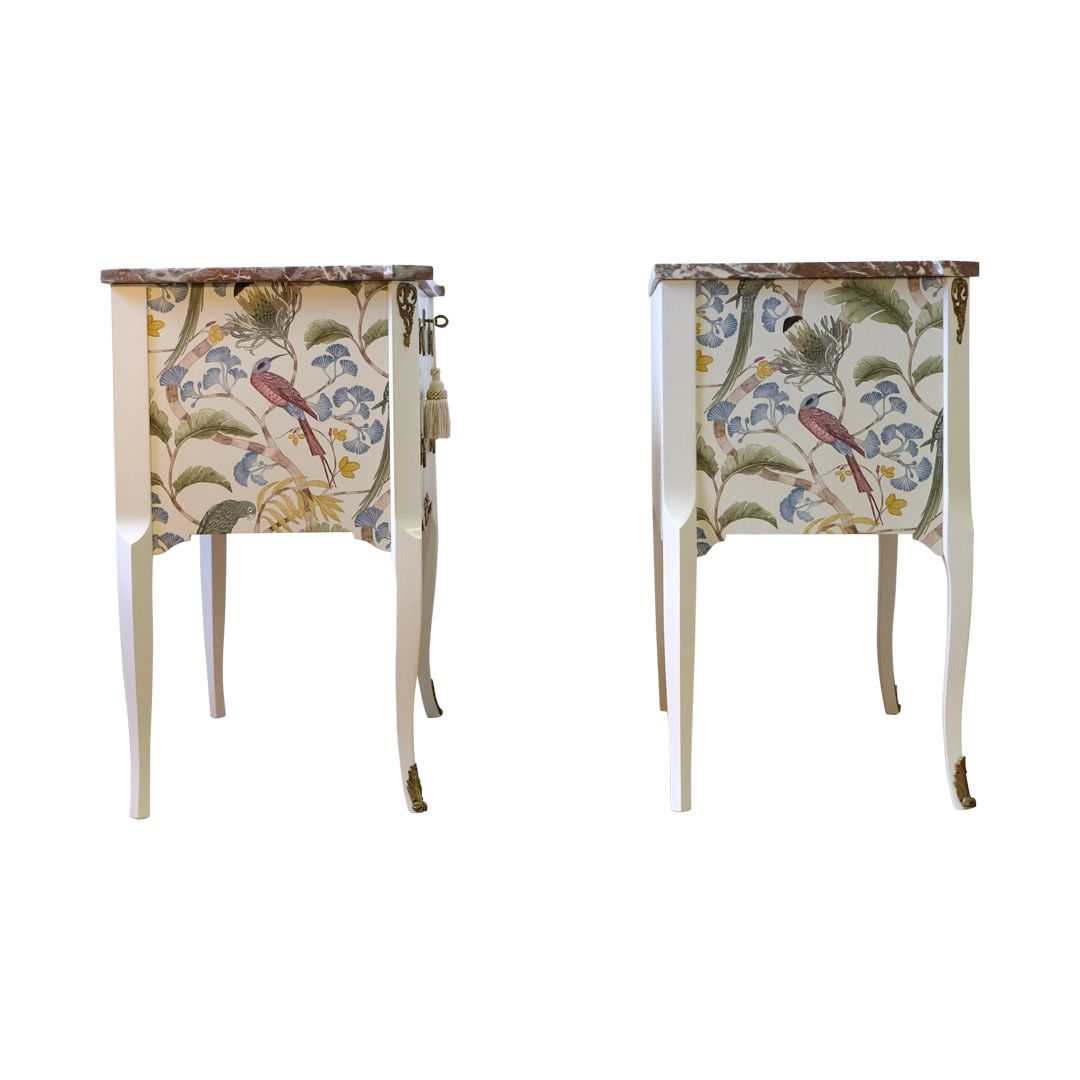 Pair Of Gustavian Style Commode In Antique White With Exotic Birds Design And Natural Marble Top photo vinterior