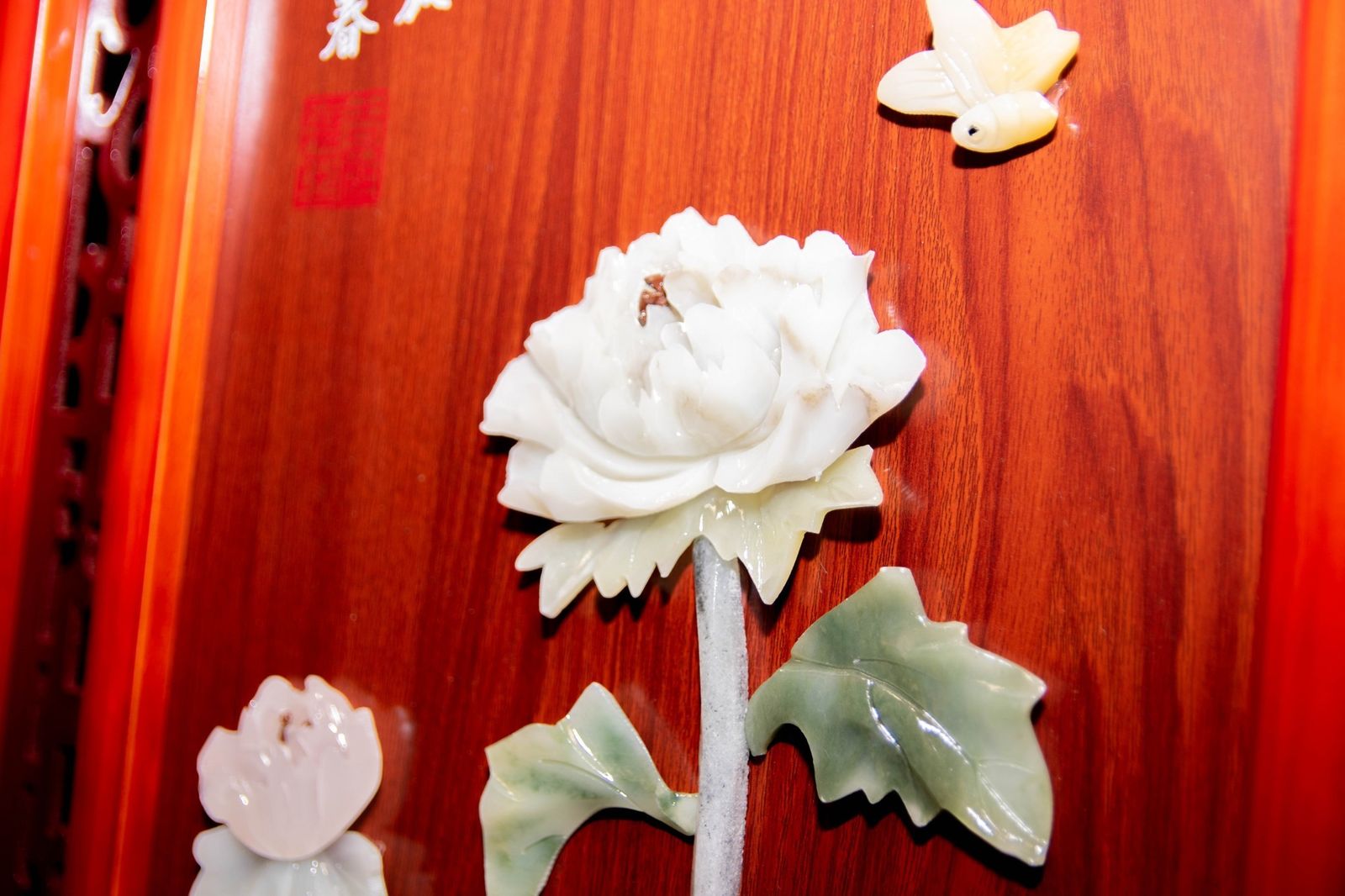 Set Chinese Panels Placques   Hardwood Soapstone Floral Decoration photo for sale