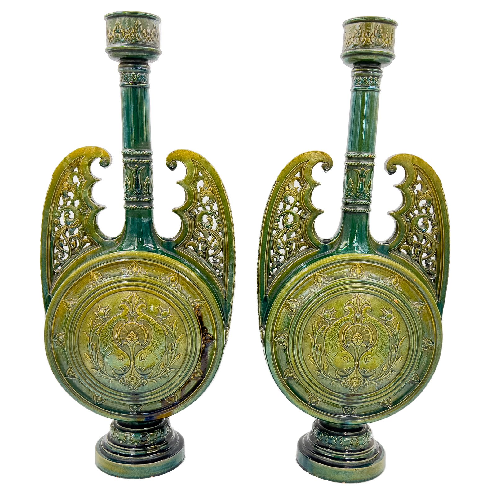 Pair Of Green Hispano Moresque Glazed Ceramic Candlesticks/Vases, 19th Century, Spain