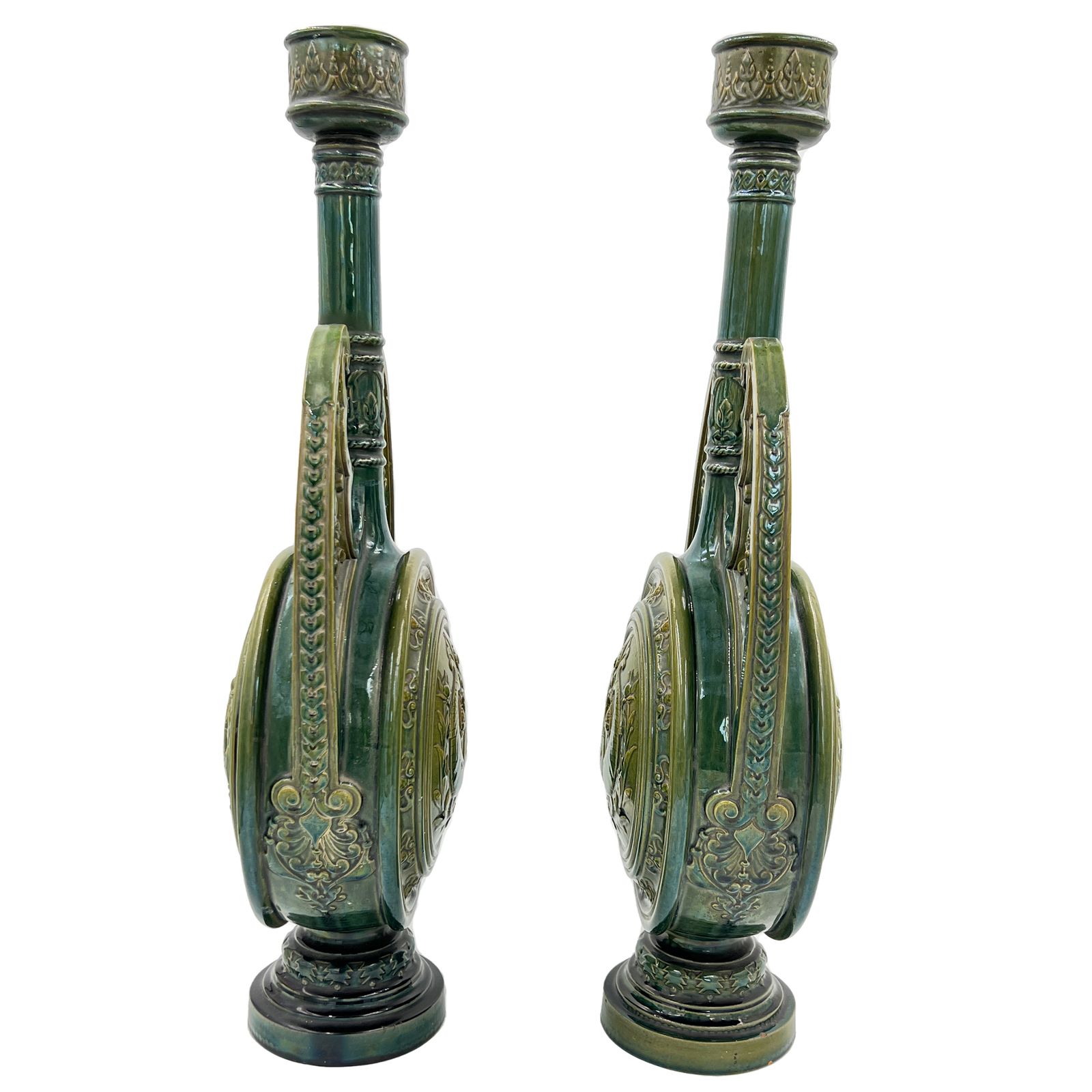 Pair Of Green Hispano Moresque Glazed Ceramic Candlesticks/Vases, 19th Century, Spain photo furniture