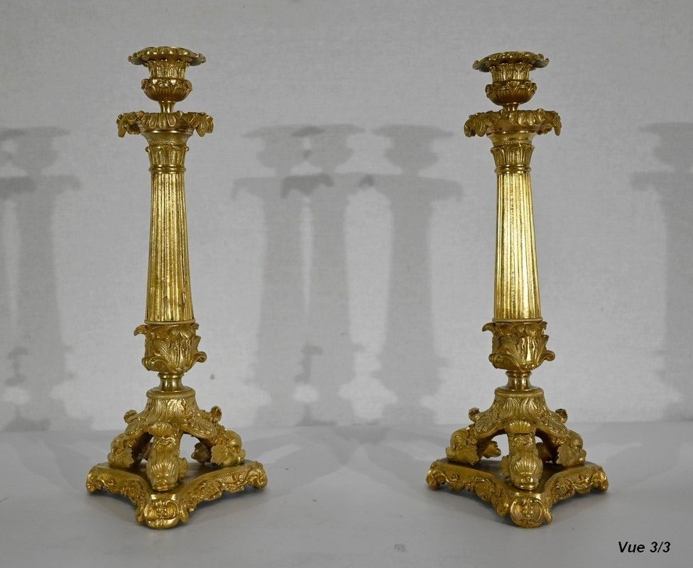 photo vinterior Pair Of Bronze Candlesticks, Restoration Period   Early 19th Century