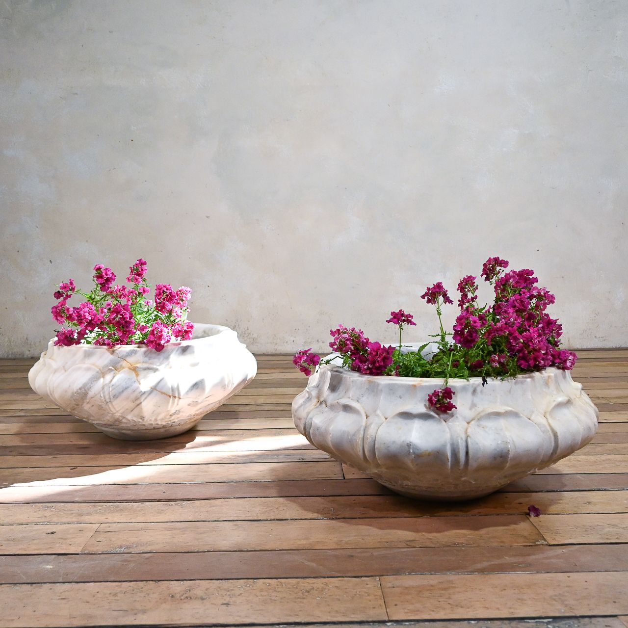 A Pair Of Carved Lotus Form Marble Jardiniere Planters