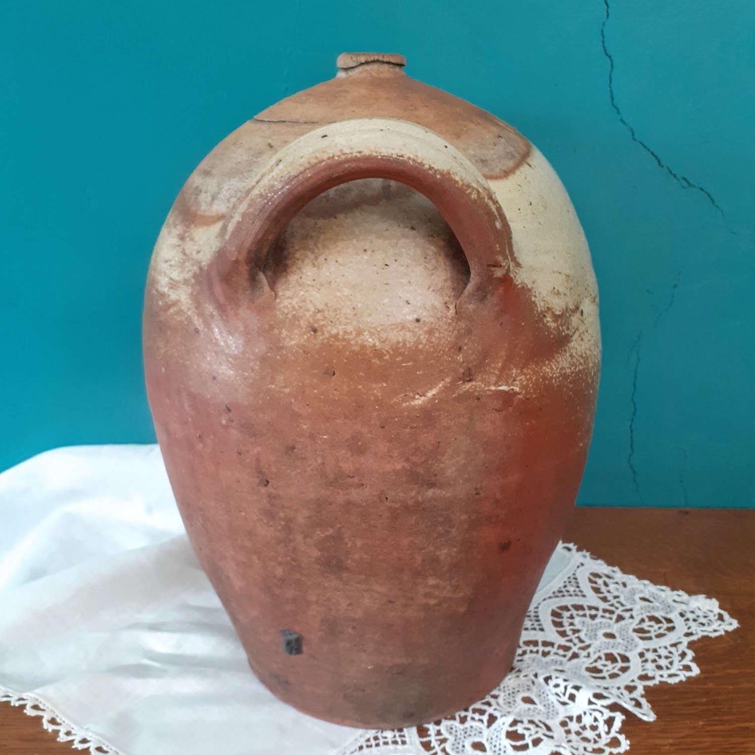 Antique French Puisaye Glazed Earthenware Wine Jug photo for sale
