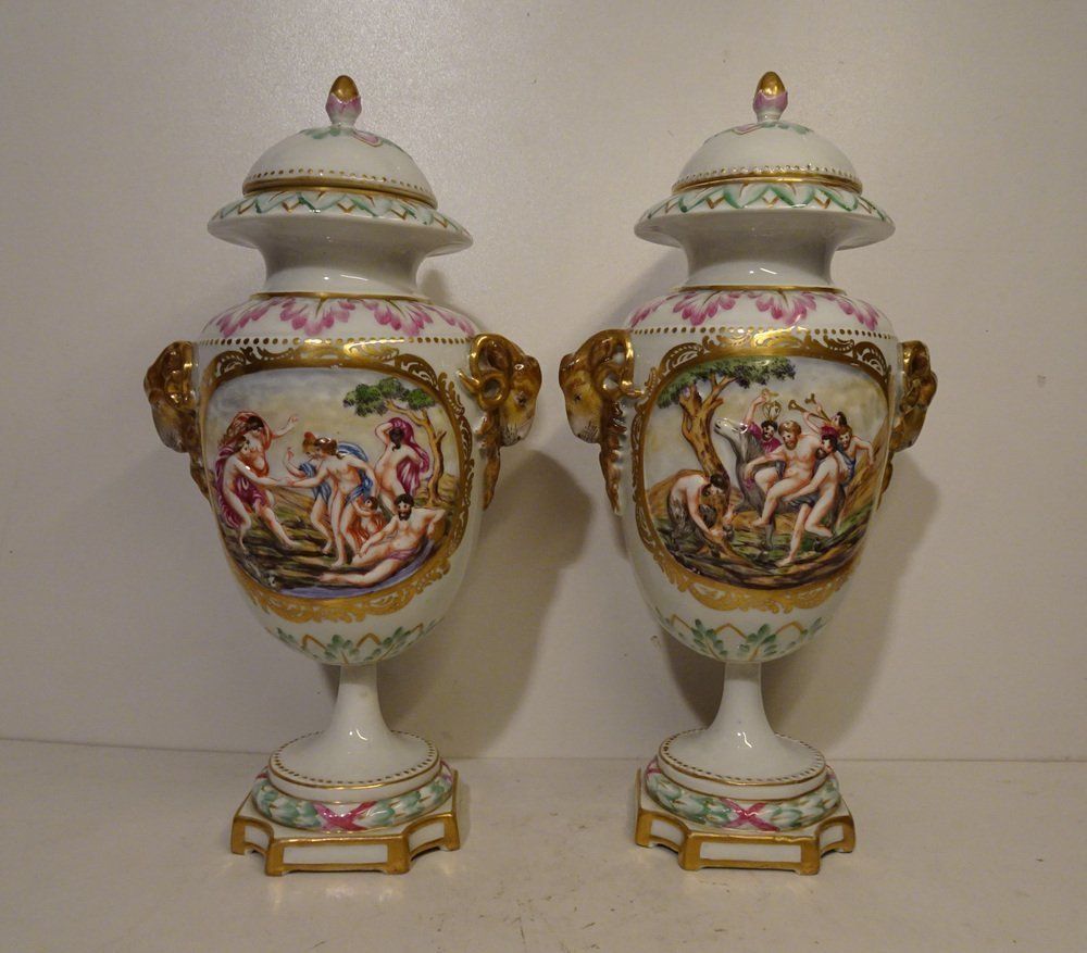 Antique 19th Century Lidded Porcelain Urn Vases From Capodimonte, Italy, Set Of 2